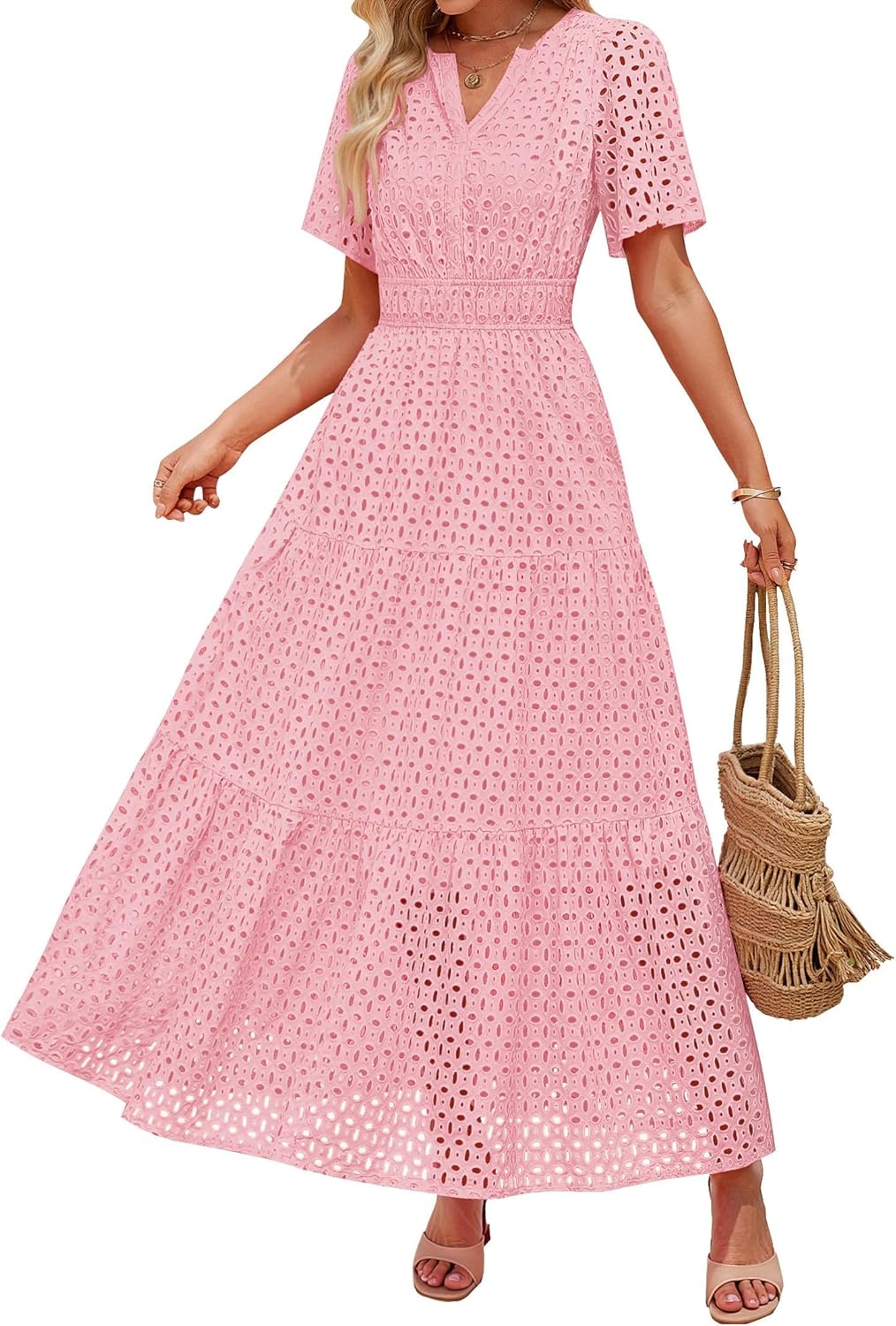 ZESICA Women's 2026 Summer Short Sleeve Maxi Dress Casual V Neck Hollow Out Eyelet Ruffle Swing A Line Long Dresses