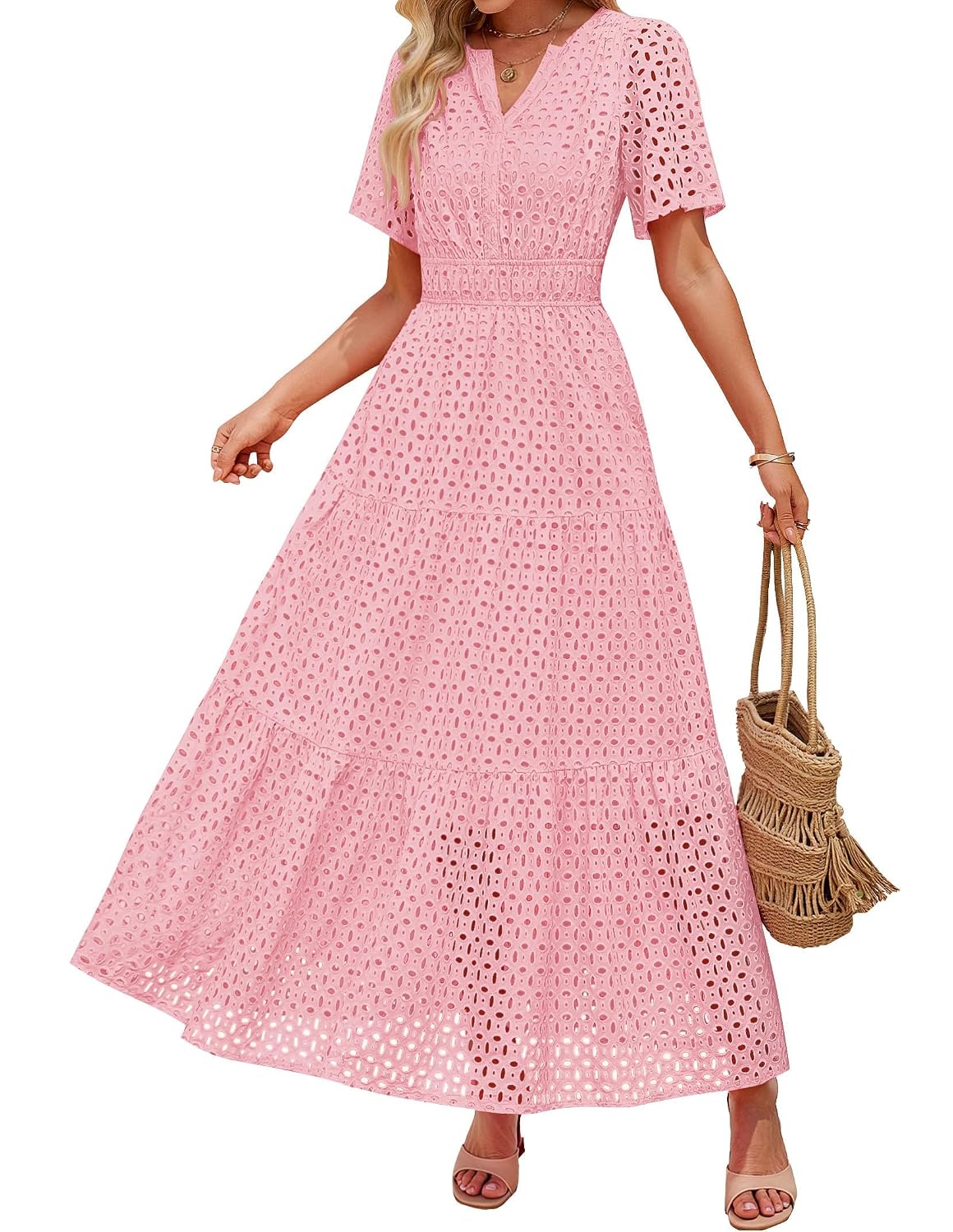 ZESICA Women's 2025 Summer Short Sleeve Maxi Dress Casual V-Neck Hollow Out Eyelets Ruffle Swing A Line Long Dresses - Review, Price and Buying Guide