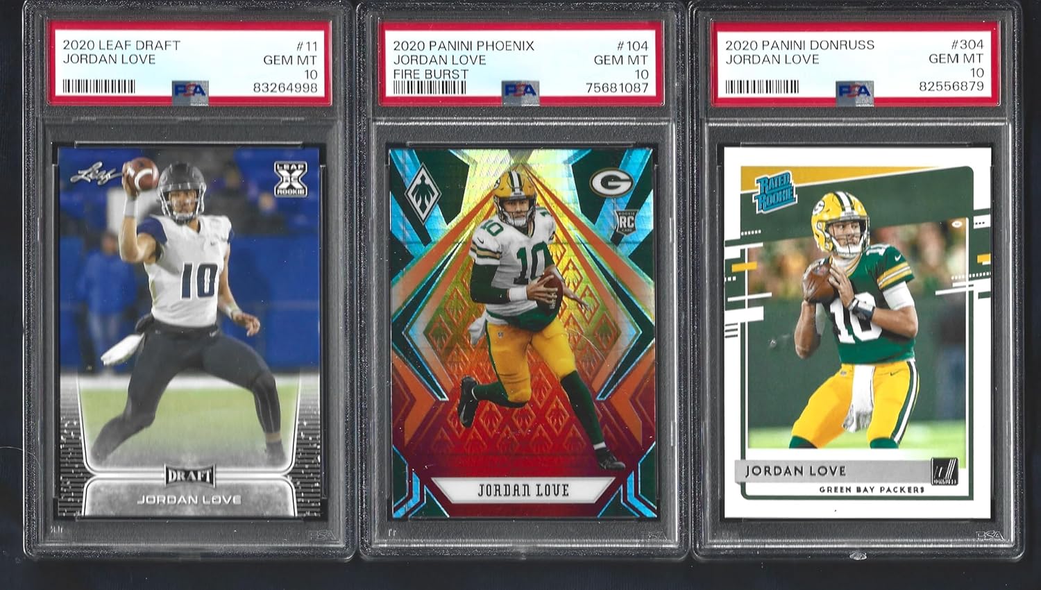 PSA 10 JORDAN LOVE 3 CARD FOOTBALL ROOKIE LOT FIRE BURST DONRUSS & LEAF GRADED PSA GEM MINT 10 PACKERS YOUNG STAR QUARTERBACK