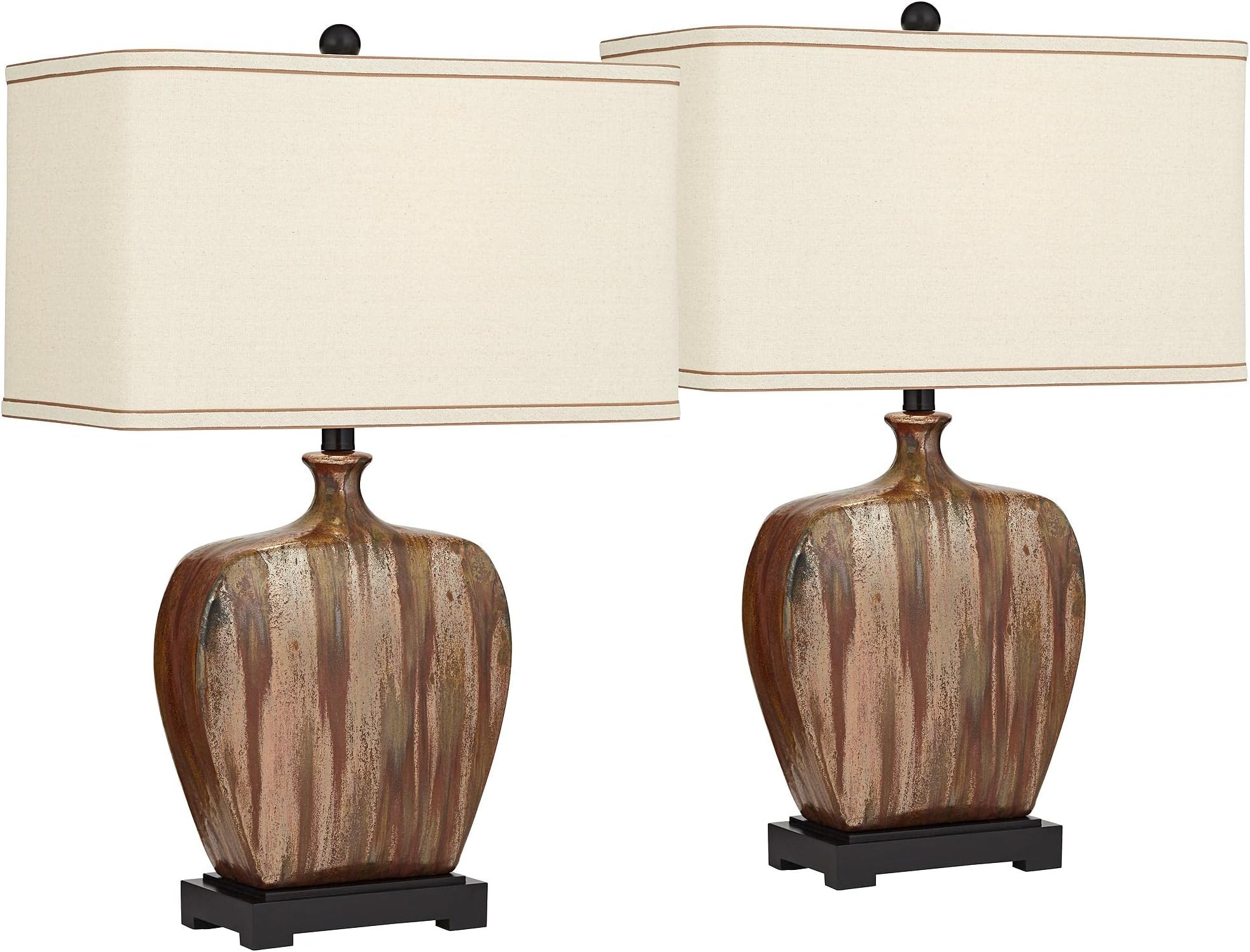 Possini Euro Design Julius Modern Rustic Style Table Lamps 27" Tall Set of 2 Ceramic Copper Drip Rectangular Fabric Shade Decor for Living Room Bedroom House Bedside Nightstand Home Office Reading