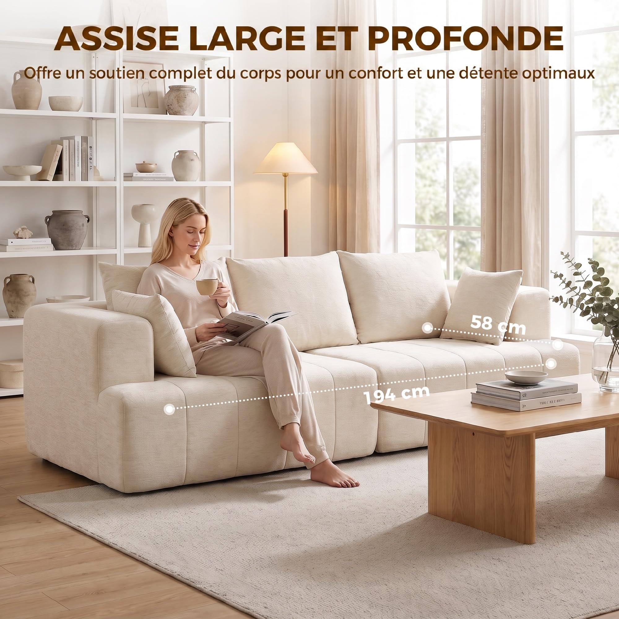 HOMCOM Canapé 3 Places en Chenille 248 cm Large Assise Rembourrée Beige