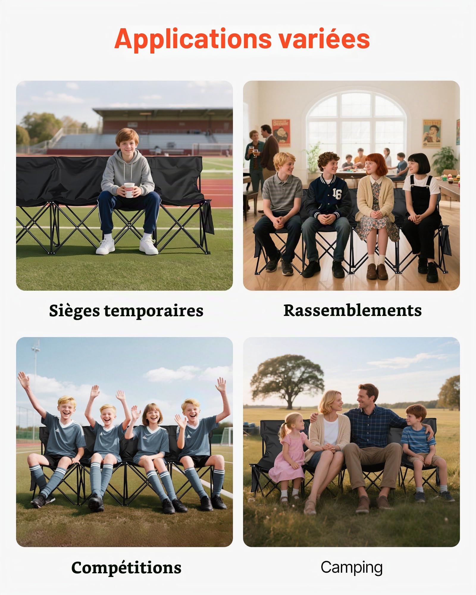 VEVOR Banc Pliant Portable à 4 Places, Banc de Camping Pliable avec Poches de Rangement et Sac de Transport, siège latéral léger avec Dossier pour Football, Baseball et événements en Plein air, Noir