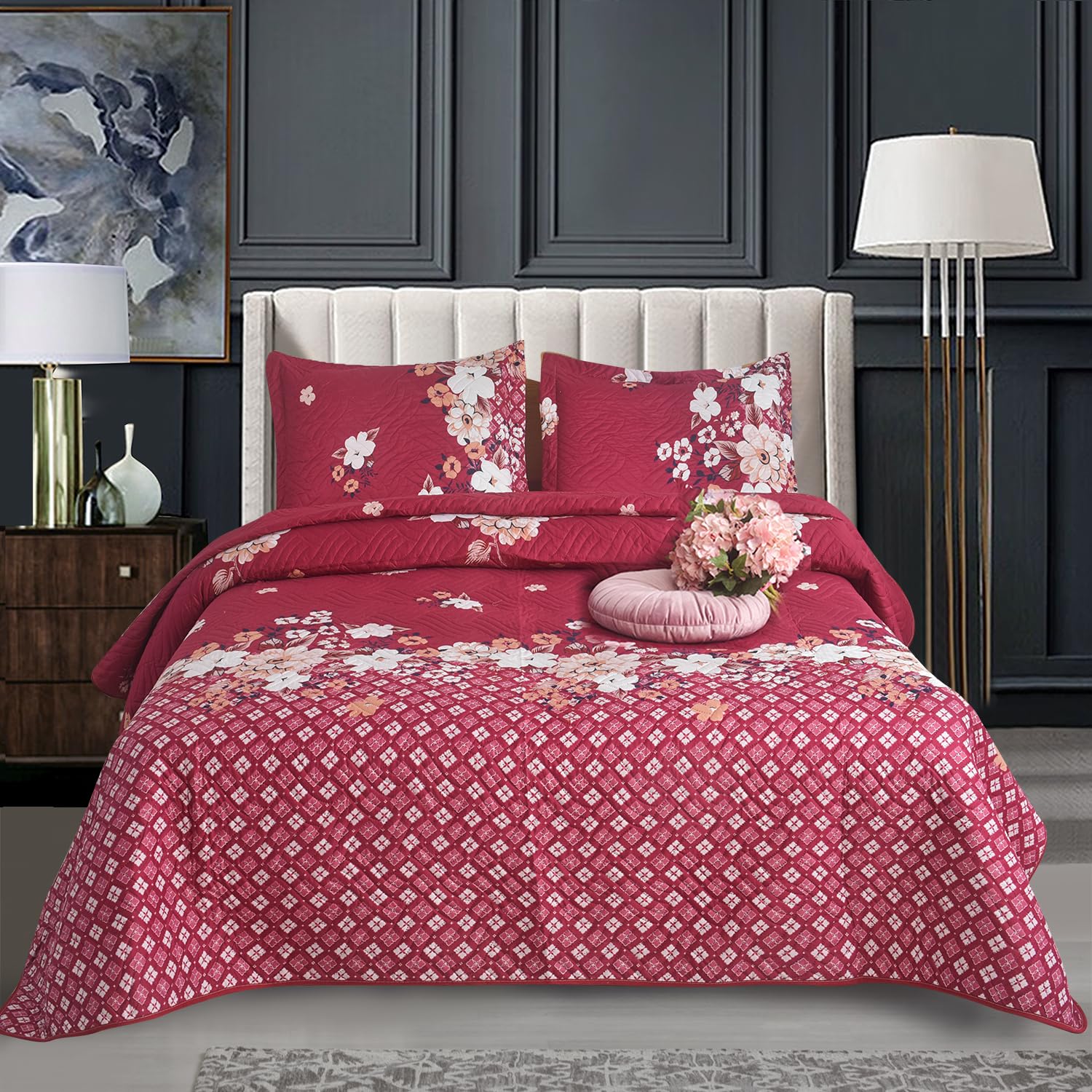 CHARKHAH 3 Piece Reversible Quilted Bedspread Set Lightweight Microfiber Patchwork Floral Quilt with 2 Pillow Shams – 30 Stylish Designs Ideal for Double & King Size Beds 220x240cm (Red Charm)
