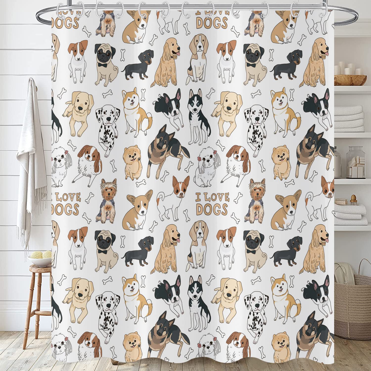 Hnmdmyi Funny Shower Curtain 150x180, Cute Dog Shower Curtains Animals Puppy Dog Kids Girls Boys Bathroom Curtains with Hooks Waterproof Polyester Fabric Washable Bath Curtains for Wet Room