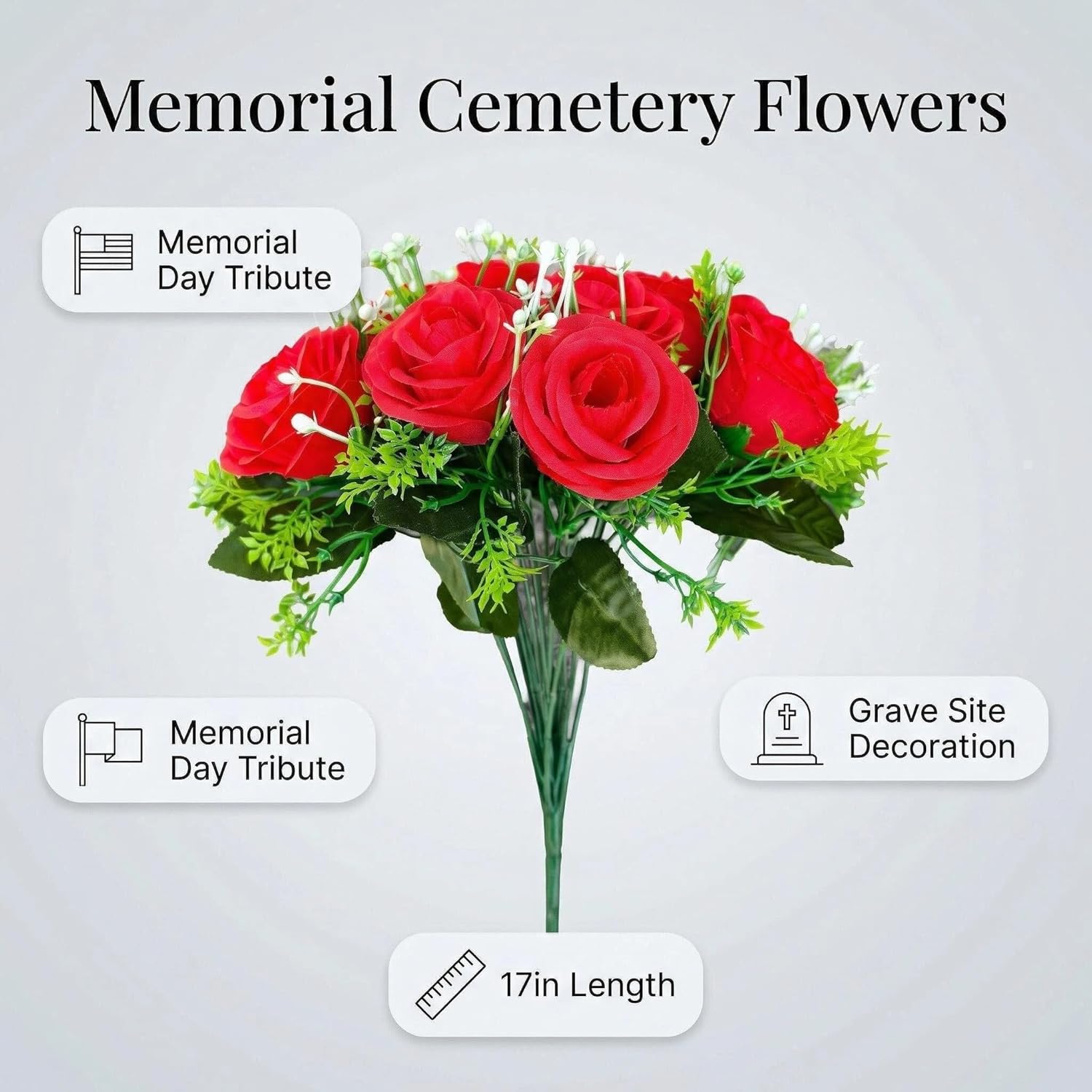 Set of 2 Cemetery Flowers for Grave, Red Silk Artificial Rose Memorial Arrangements for Headstones, Graveside Grave Vase Decorations, Outdoor UV Resistant Funeral Sympathy Flowers (red)