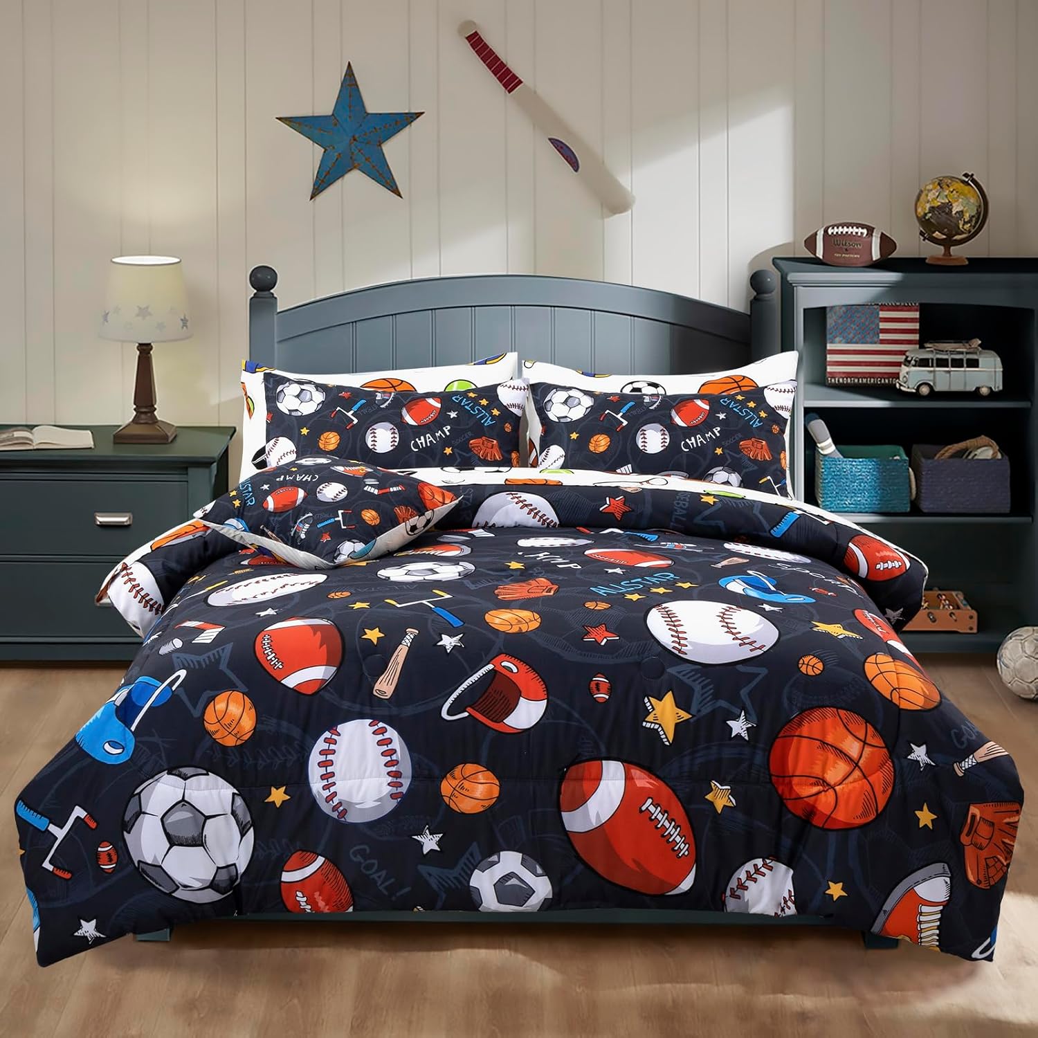 A Nice Night 6Pcs Bed in A Bag Full Sports Microfiber Modern Comforter Set,Gray Rugby Ball Printed Bedding Collections,for Boys Kids Teen