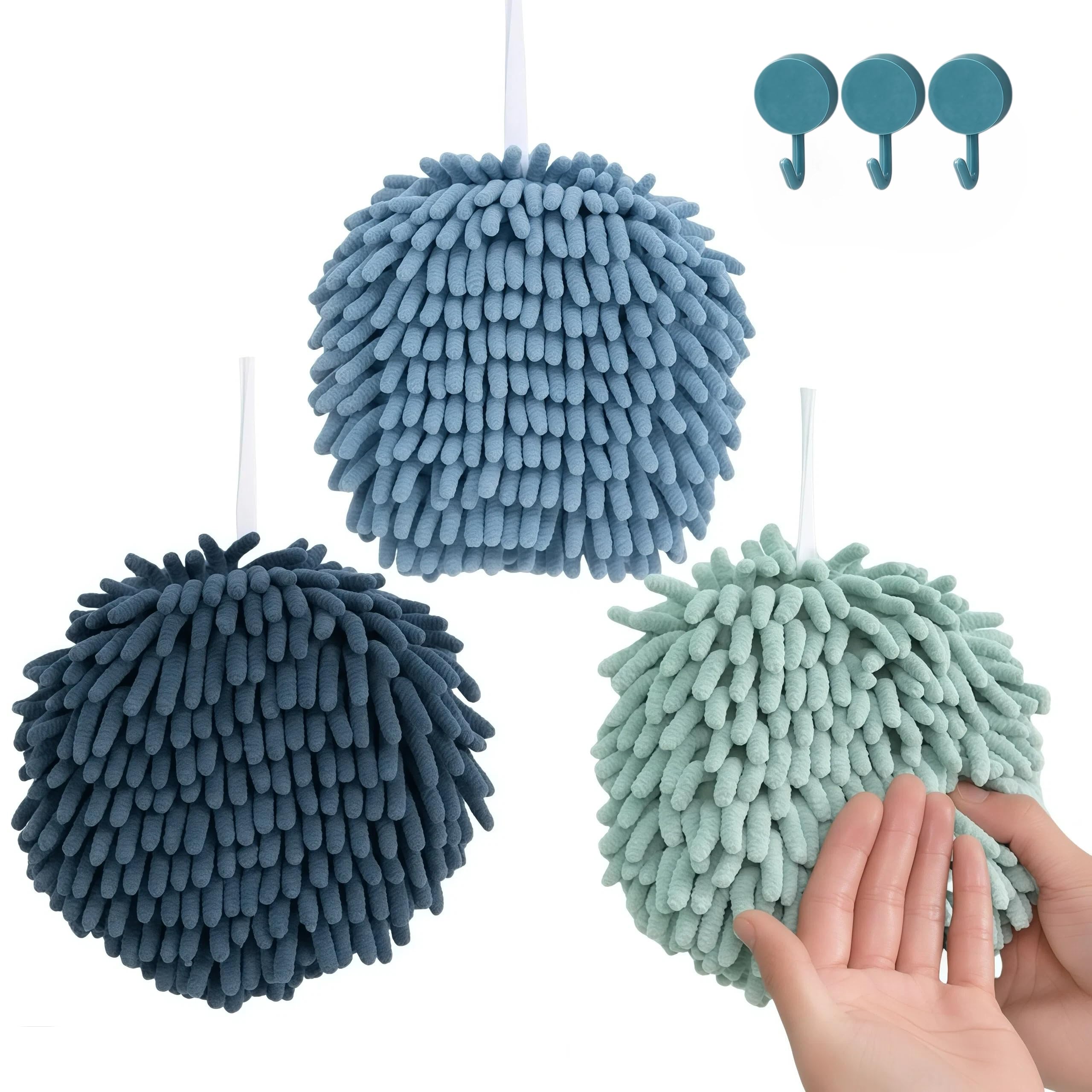Soft Absorbent Chenille Ball Towel Sets, Quick Dry Hand, Towels for Bathroom/Kitchen Pack of 3 (Mint Green+Light Blue+Blue)