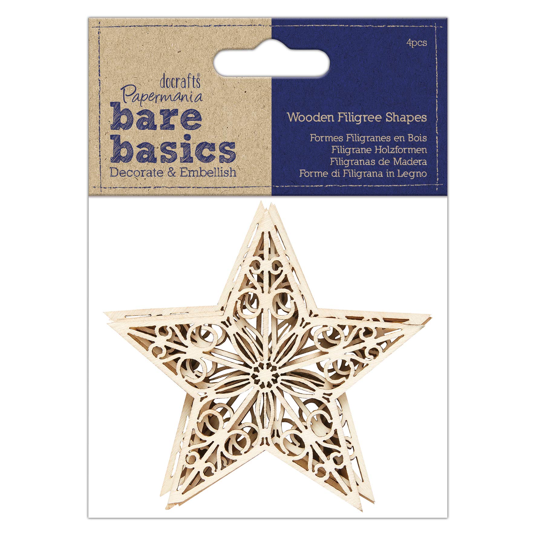 Bare Basics Star Wooden Filigree Shapes, 4 Pieces, Craft Embellishments, Natural, Plain Craft Base