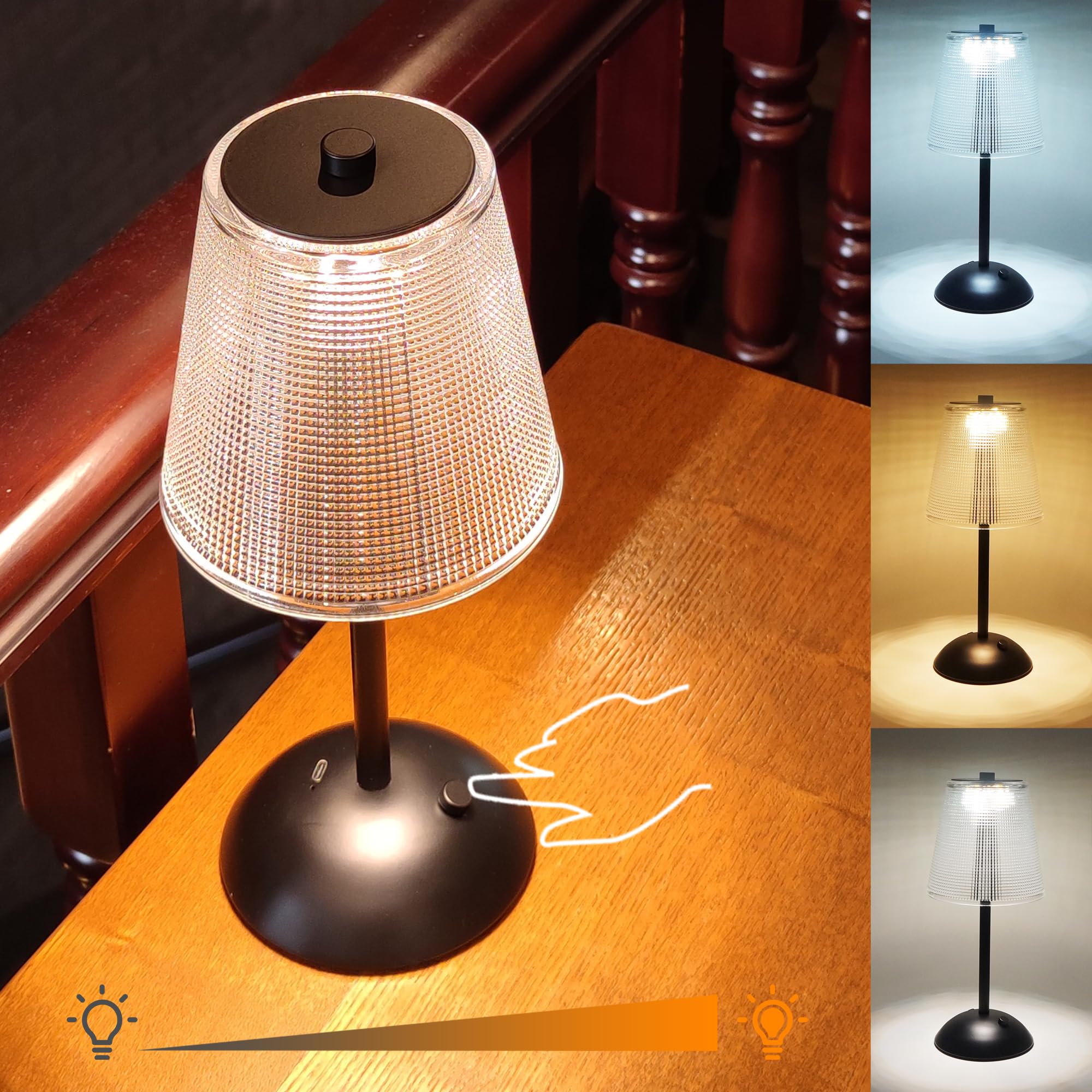 Amingulry Cordless Table Lamp, 4000mAh Rechargeable Battery Operated Lamp, 3 Color Modes & Stepless Dimmable LED Touch Lamp, Portable Retro Metal Beside Lamps for Bedroom Home Desk Restaurant(Black)