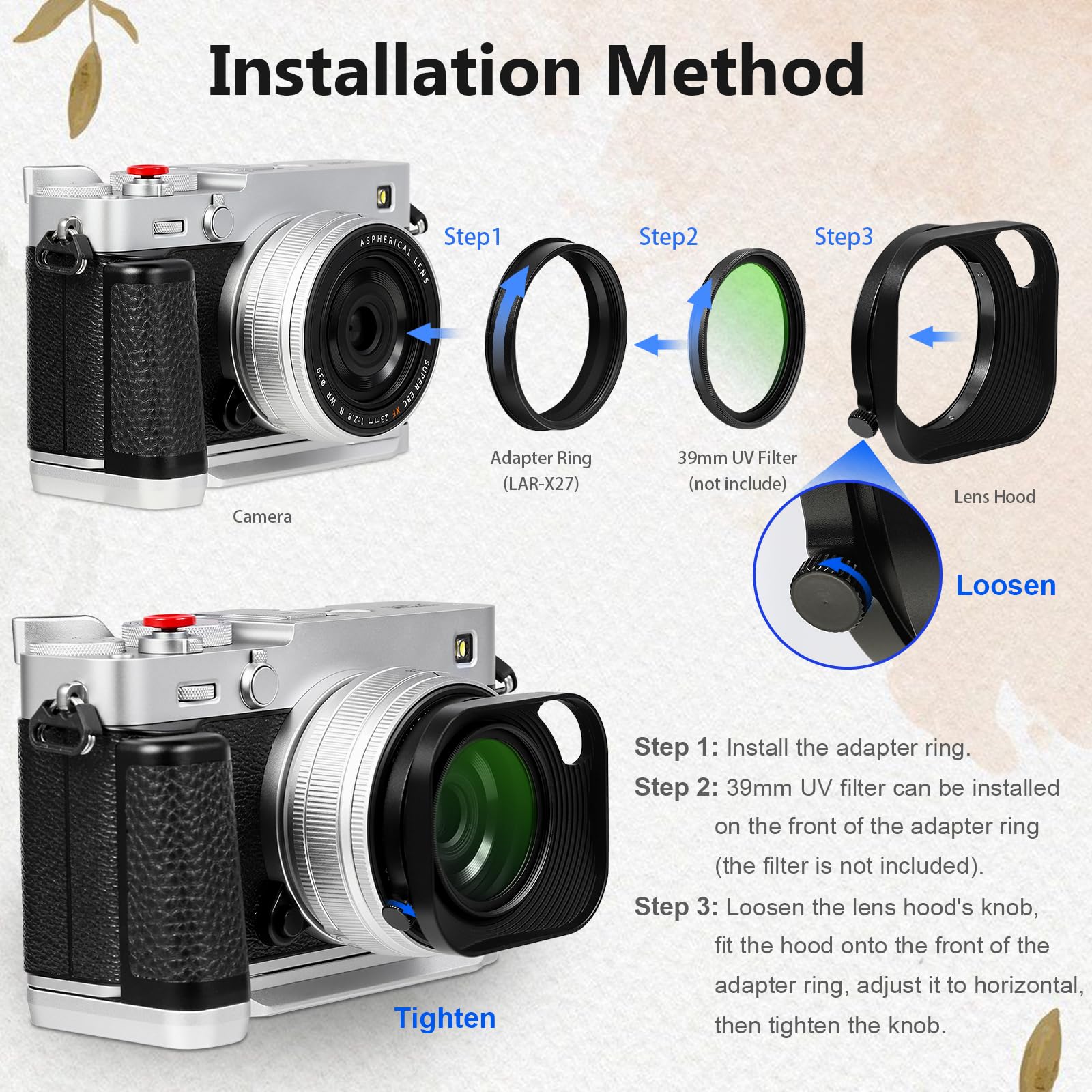 Haoge Metalowa kwadratowa osłona obiektywu do Fujifilm xf 23 f2.8 Fujinon XF27mmF2.8 R WR osłona obiektywu czarna, metalowa kwadratowa z metalową nasadką, na korpusie aparatu XE-5 XM5 XT50