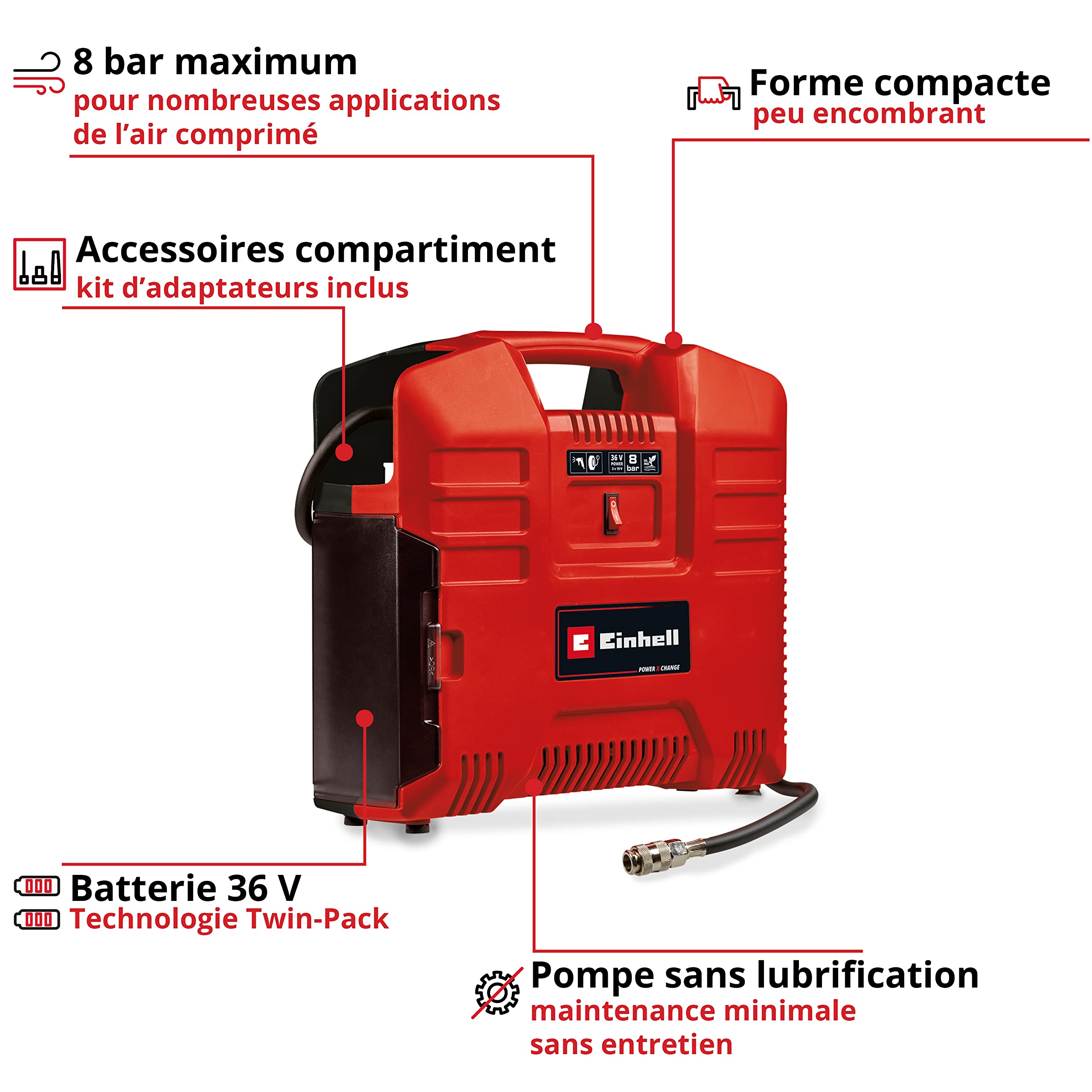 Einhell Compresseur à air portatif sans fil TE-AC 36/8 Li OF Set-Solo