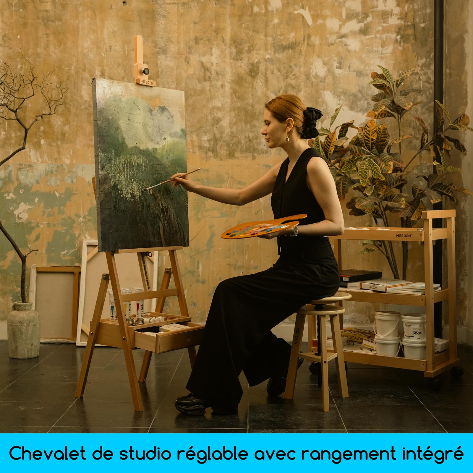 MEEDEN Chevalet de Peinture en Bois avec Tiroir de Rangement : Chevalet de Studio en H Réglable en Hêtre, Grand Support de Peinture Pliable – Adapté aux Toiles jusqu'à 91 cm, Bois naturel