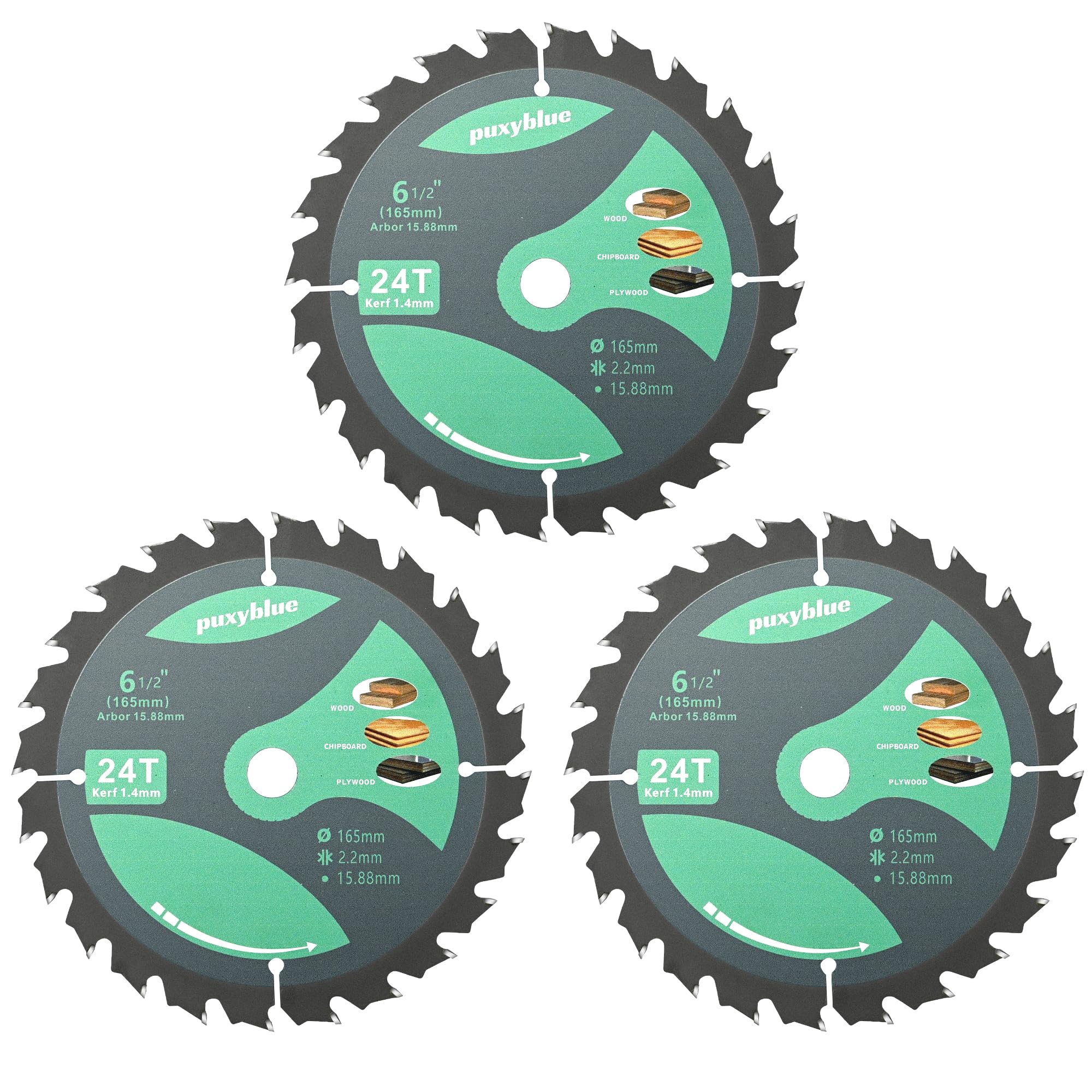 3 Pack 6-1/2 Inch 24T Circular Saw Blades Fine Finish with 5/8" Arbor ATB Framing Saw Blades for Cutting Softwood Hardwood Laminate Plywood Chipboard Panels FRP MDF