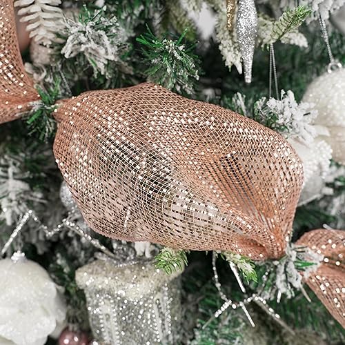 Miniatura 5 de HUIHUANG Cinta de malla de oro rosa de 10 pulgadas, malla decorativa de oro rosa para Navidad, suministros para hacer coronas, árbol de Navidad,