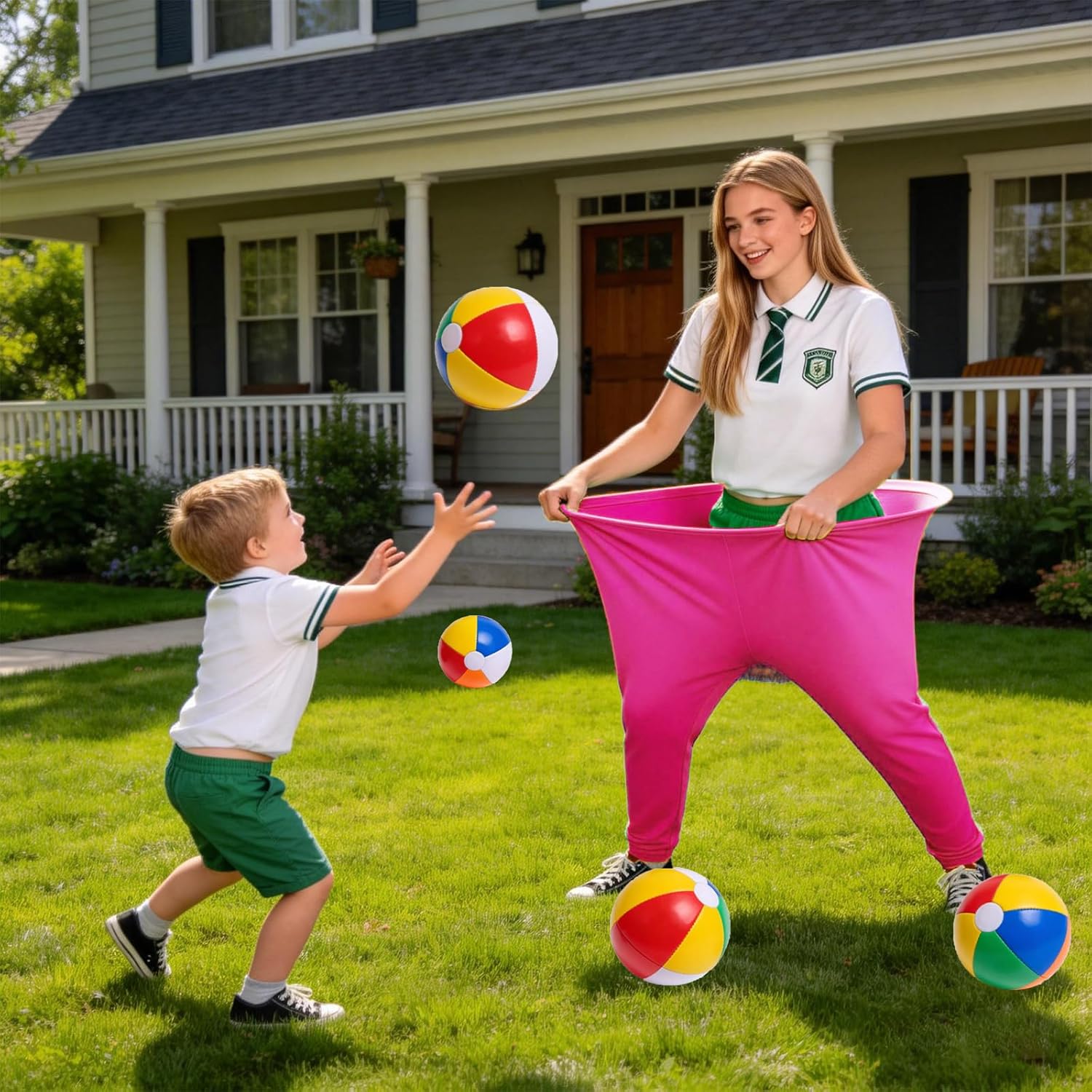Granny Pants Yard Game Sets,4 PCS Oversized Fun Party Game Pants with 24 Bouncy Balls and 4 Air Pumps,Outdoor Games for Family Backyard Group Activities (Blue+Green+Yellow+Rosered)