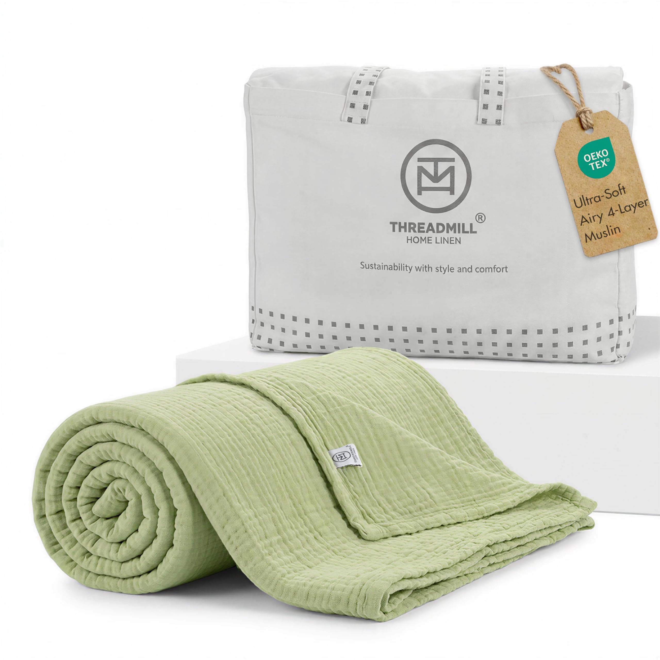 Amazon.com: Threadmill Cotton Queen Blanket, Muslin, Sage Green, 4