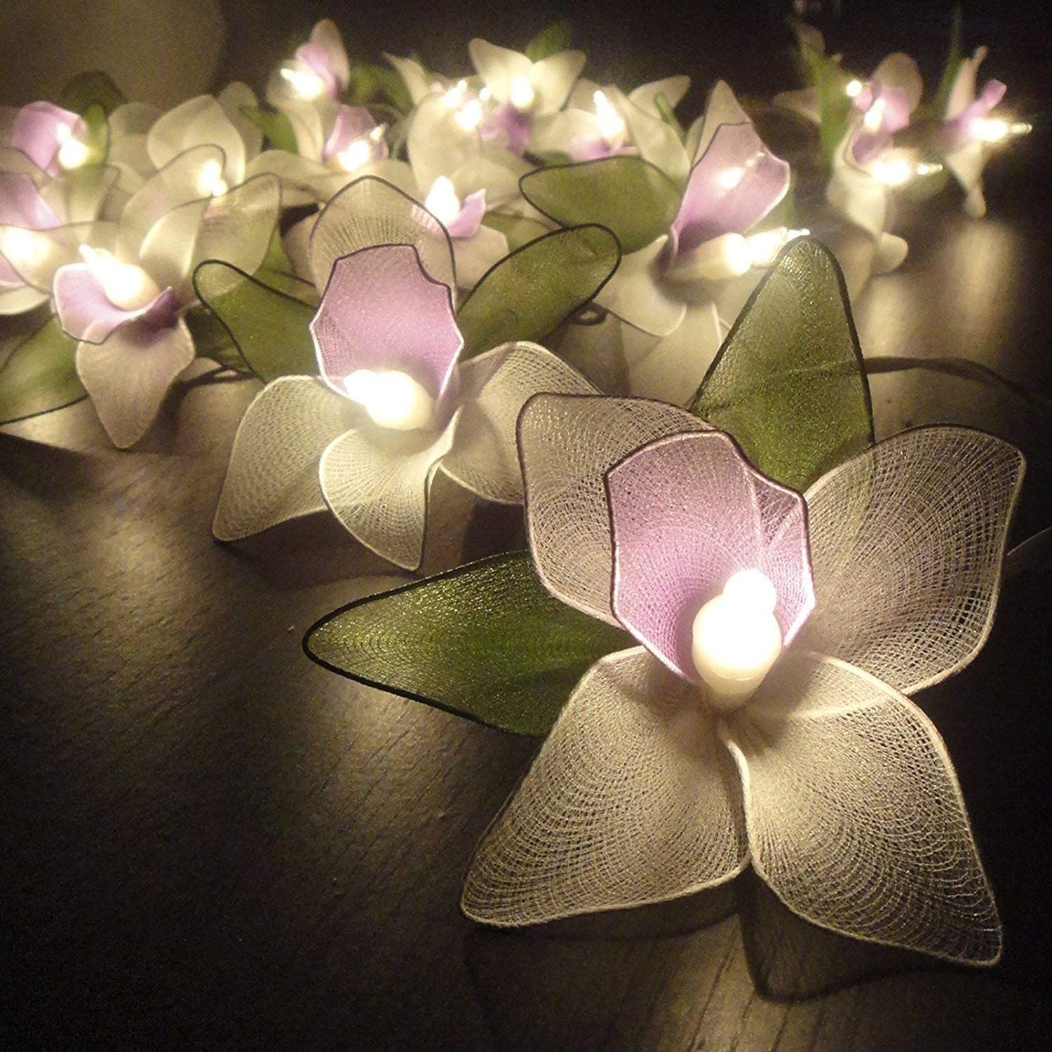 Thai Vintage Handmade Orchid Flowers String Lights 20 LED Fairy Lights for Home Decor Party Bedroom (White)