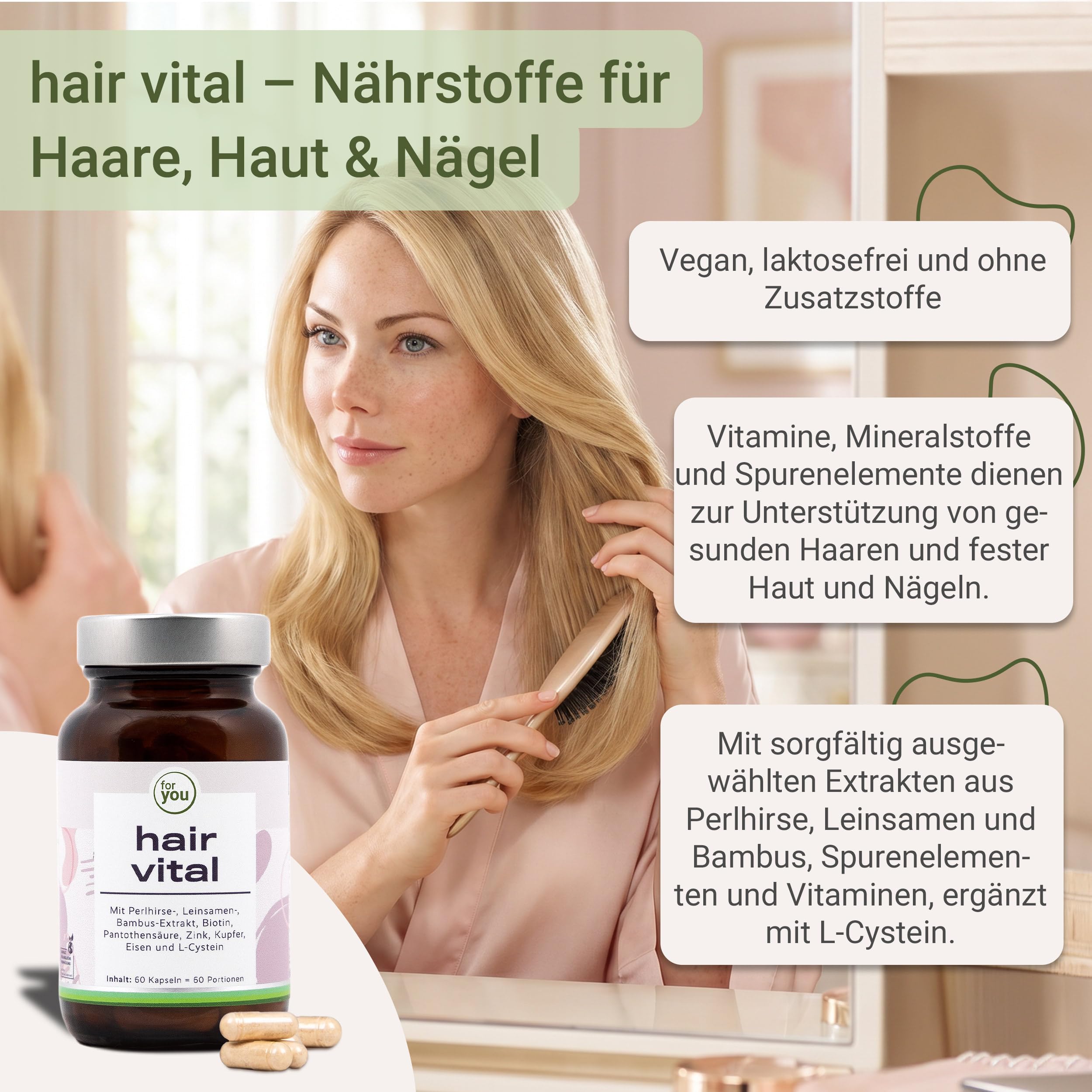 for you Hair Vital Doppelpack – 2x 60 Kapseln mit Biotin, Zink, Kupfer, Eisen & L-Cystein sowie Perlhirse-, Leinsamen- & Bambus-Extrakt – für Haut, Haare & Nägel