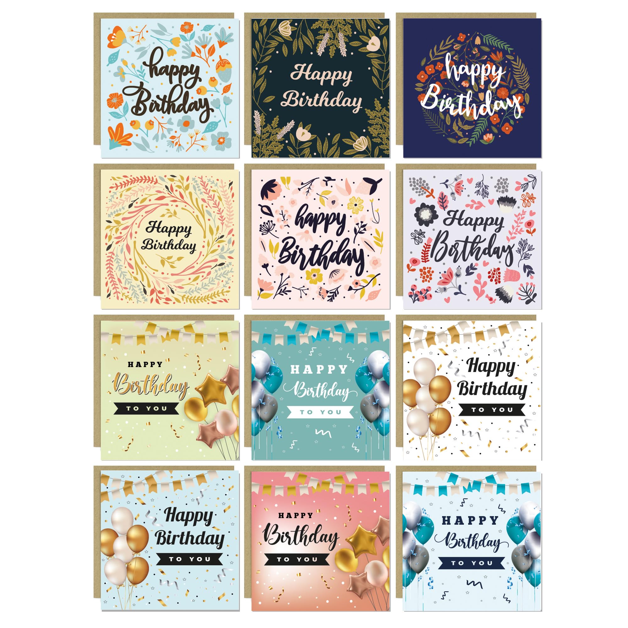 RED OCEAN Happy Birthday Cards Pack, 12 Designs Birthday Cards Multipack and 12 Craft Envelopes, 14.5x14.5cm Blank Greeting Cards for Women, Girls, Friends, Daughter Mum Sister
