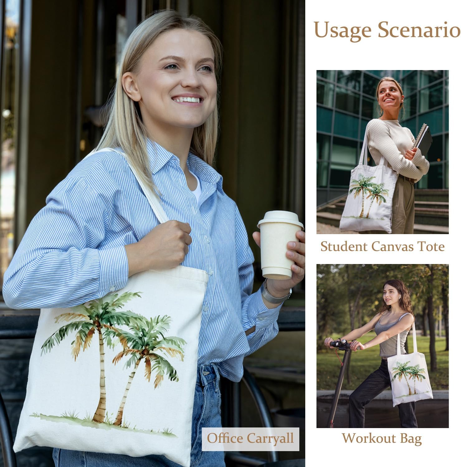 Tropical Palm Tree Tote Bag, Summer Coastal Beach Canvas Tote Bags for Women, Beach Lover Gifts for Women, Coastal Tropical Botanical Reusable Grocery Shopping Bags - Image 2