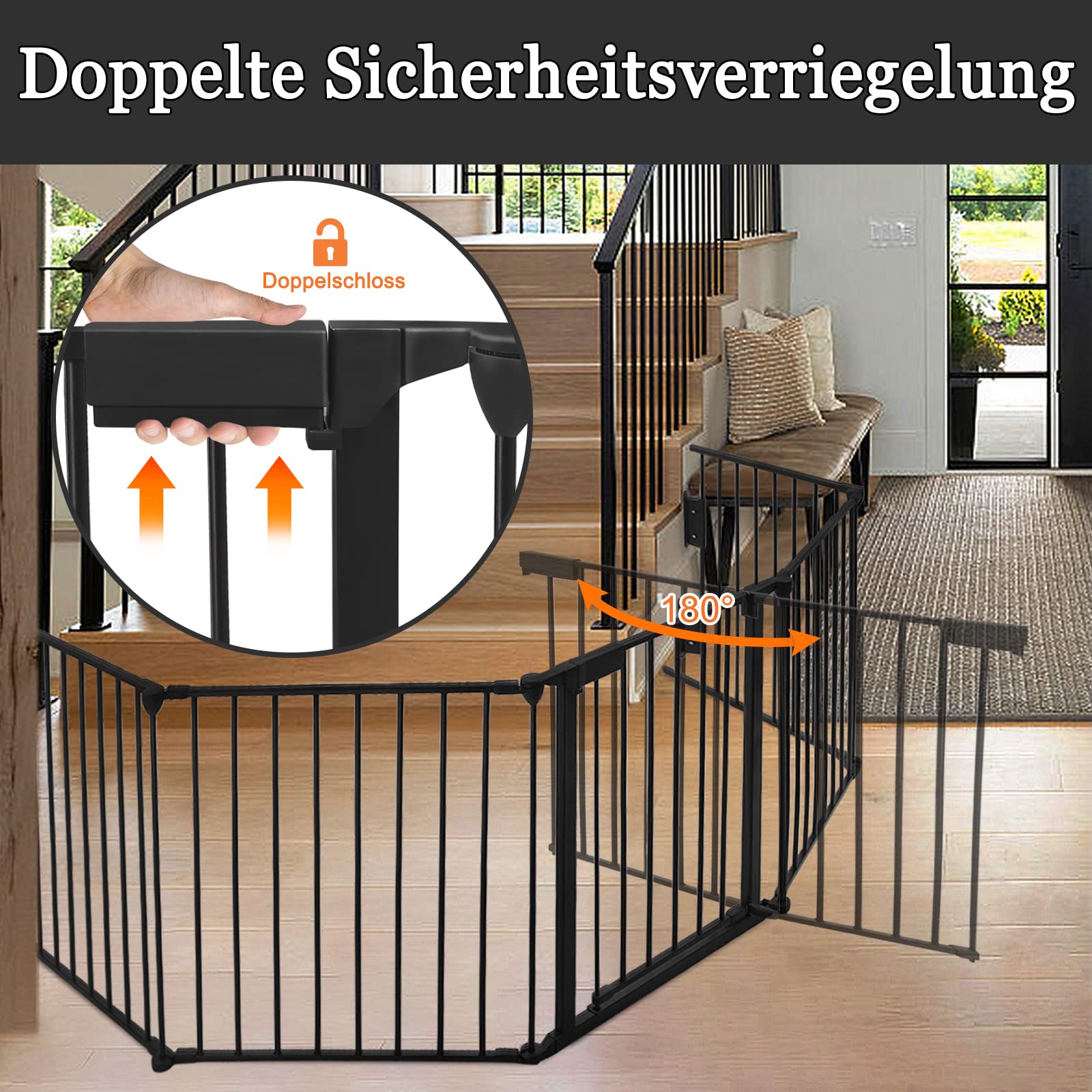 YRHome Rejilla de protección para chimenea plegable de metal con puerta, 300 cm de longitud total, 75 cm de altura, color negro, incluye 5 elementos para seguridad infantil