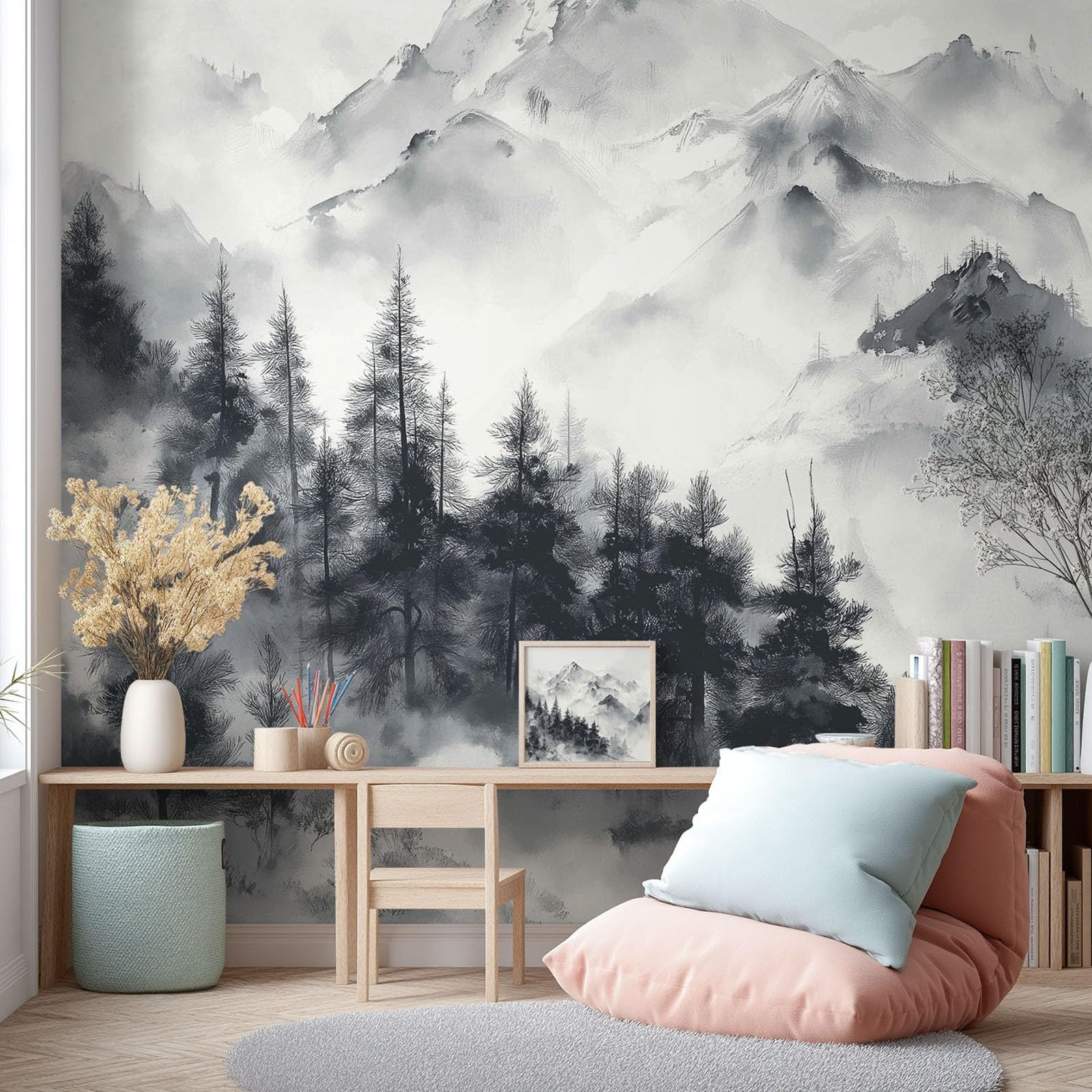 Générique Tapeta z włókniny w stylu orientalnym, czarno-biała, tapeta panoramiczna sosny górskie do mebli, do salonu, dekoracja ścienna 400 x 280 cm