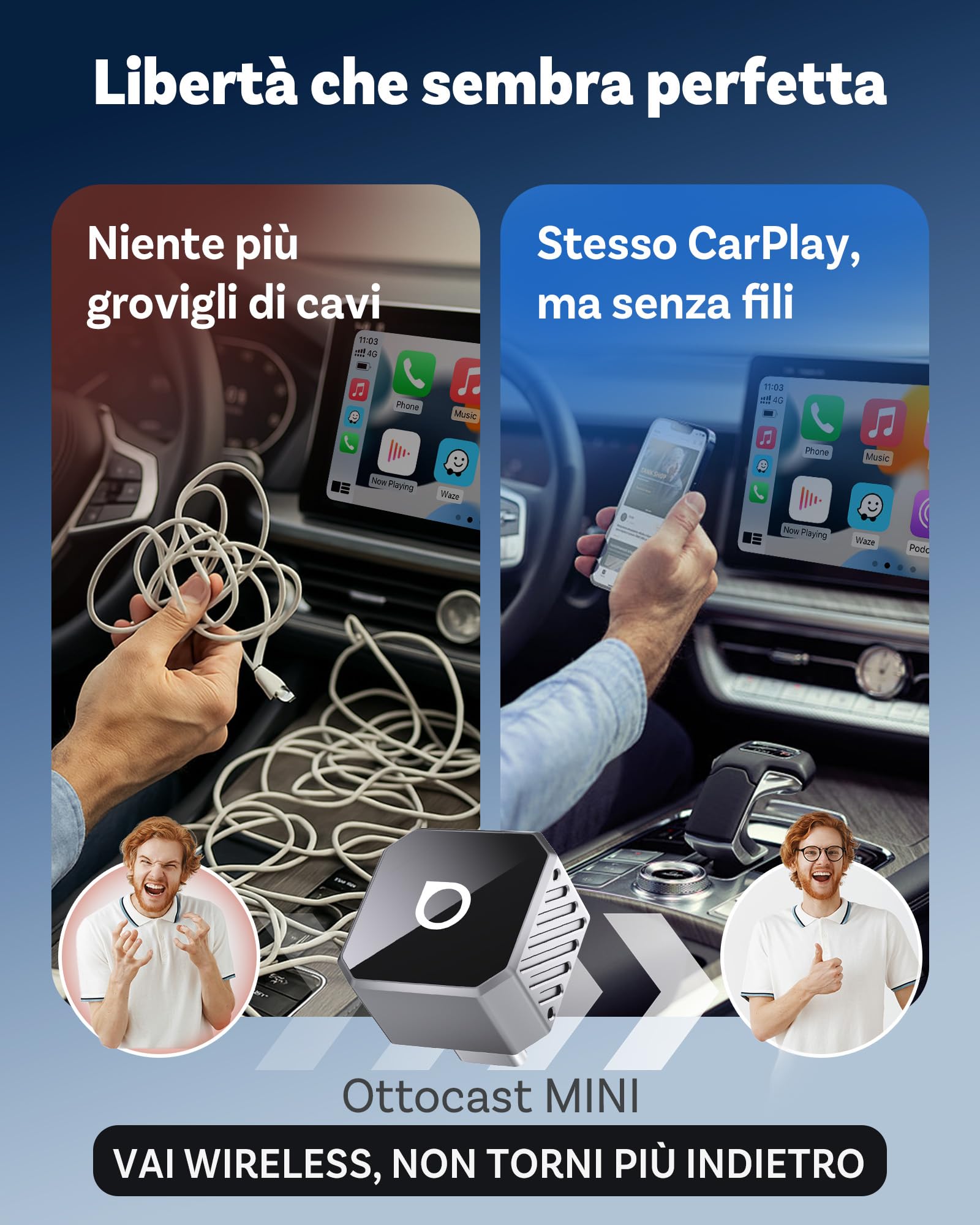 Ottocast Mini Cube 3.0 Adattatore CarPlay Wireless – Dongle USB-C Ultra Mini, Riconnessione Automatica 5–8 s, Memoria Doppio Telefono, Da CarPlay Cablato a Wireless & Android Auto, Aggiornamenti OTA