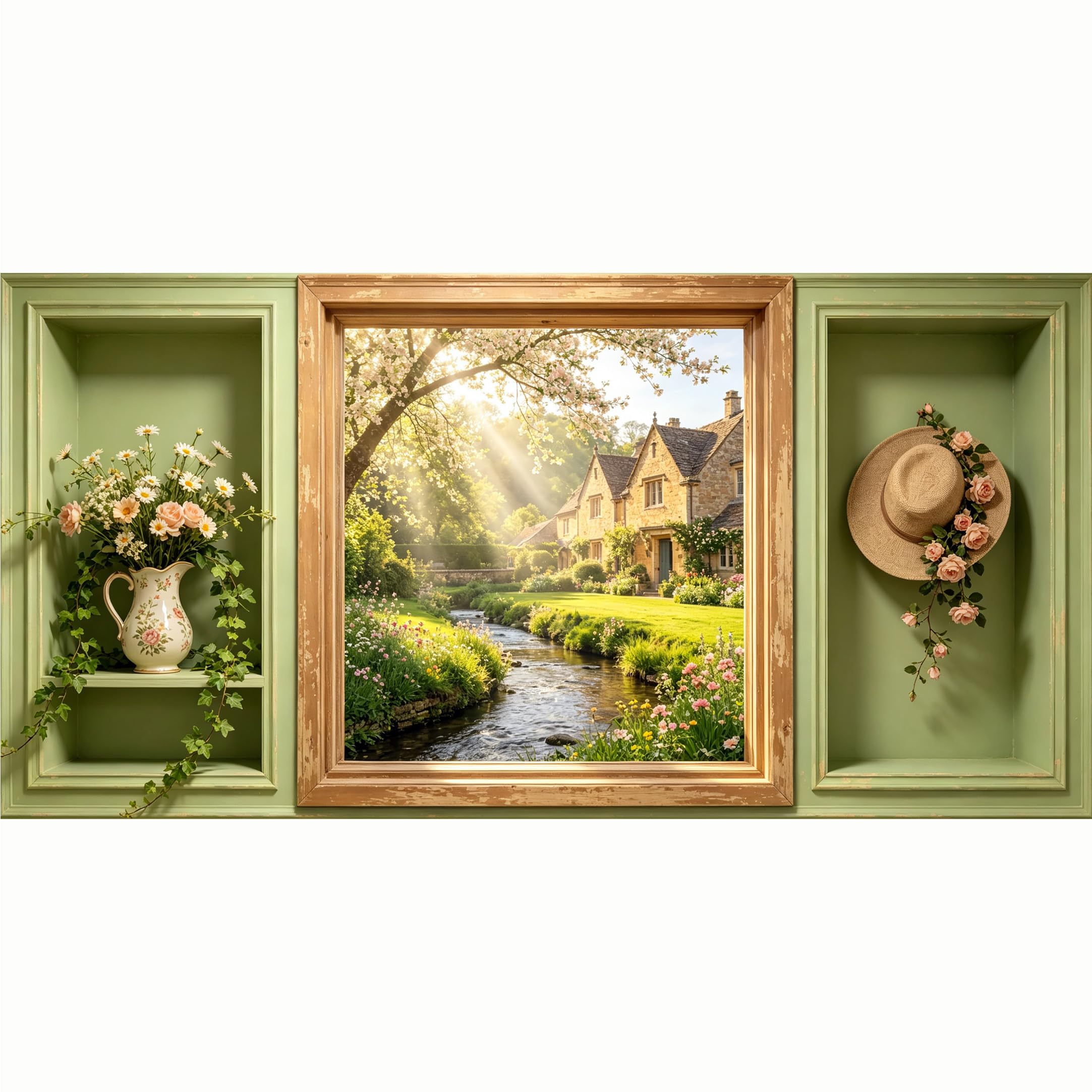 QZLITHOTIC 50x100cm 3D Framed Wall Art， English Countryside Cottage Stream Self‑Adhesive Mural， Water‑Activated Peel & Stick Fabric Decor Wall Decal for Bedroom Living Room