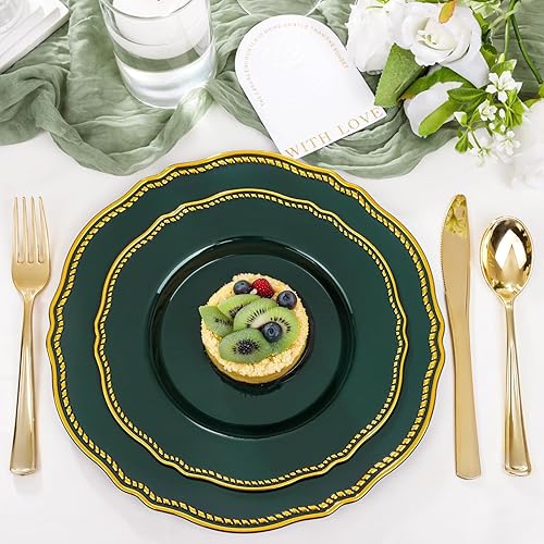Miniatura 34 de Hioasis 60 platos de plástico dorados, vajilla desechable blanca y dorada con borde dorado, resistente, 10.25 pulgadas, platos llanos para fiestas