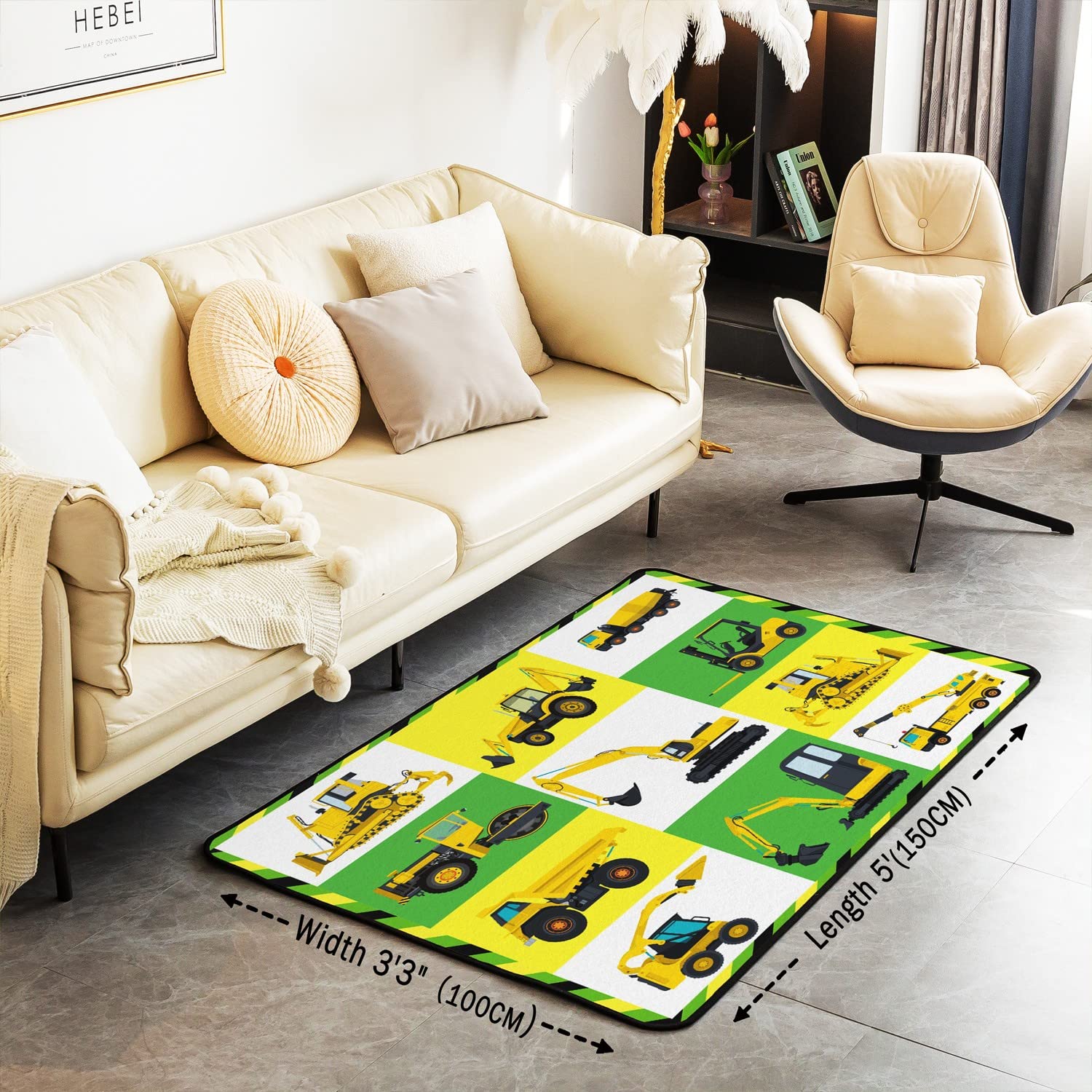 Loussiesd Excavator Decorative Carpet Area Rug Construction Vehicles Living Room Rugs for Kids Decor Equipment Trucks Accent Rug Microfiber Cartoon Car Decorative Rug 100 * 150cm - Image 3