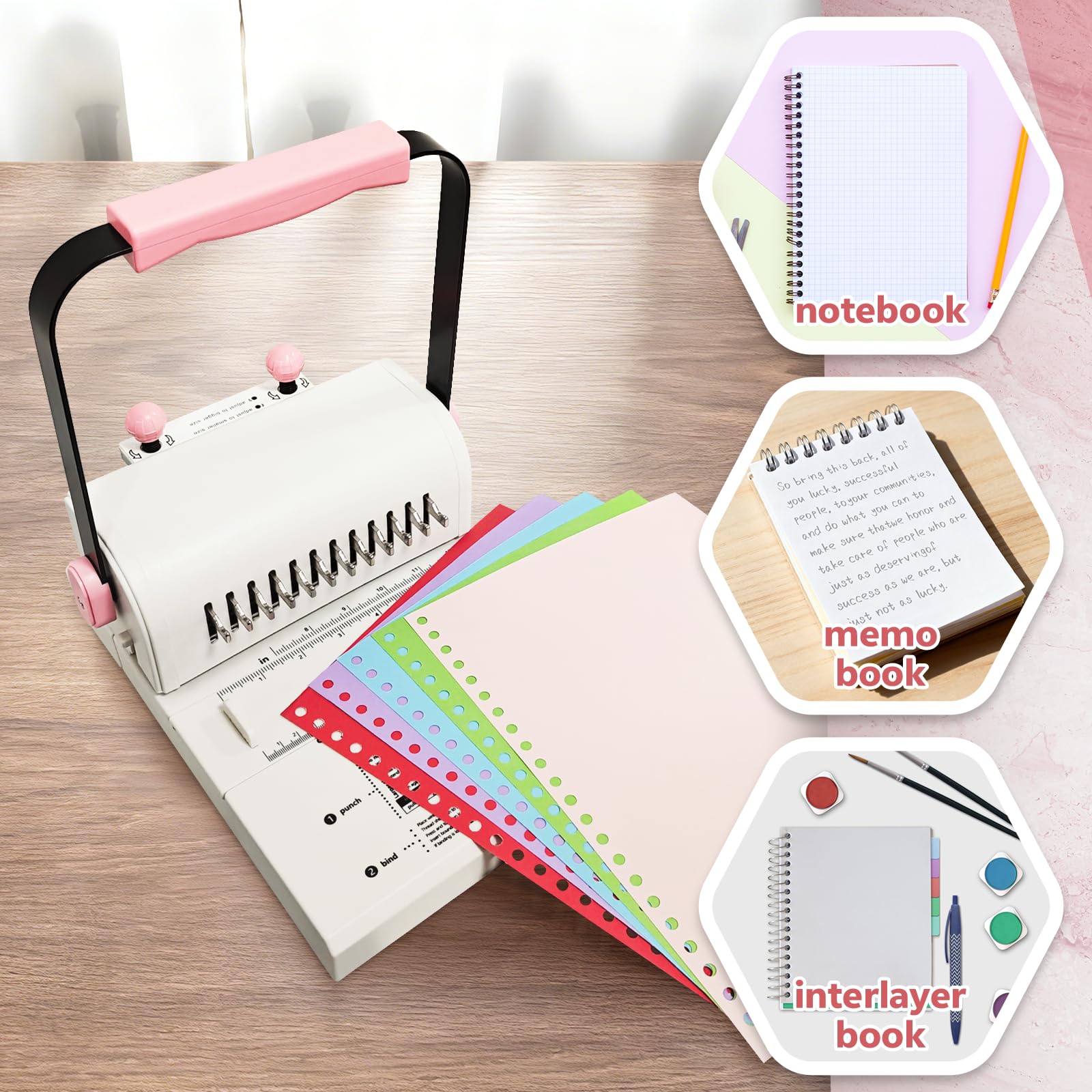 Encuadernadora de libros en espiral, regla deslizante rosa, encuadernación de alambre y bobina, para hacer libros, cuadernos, calendarios profesionales