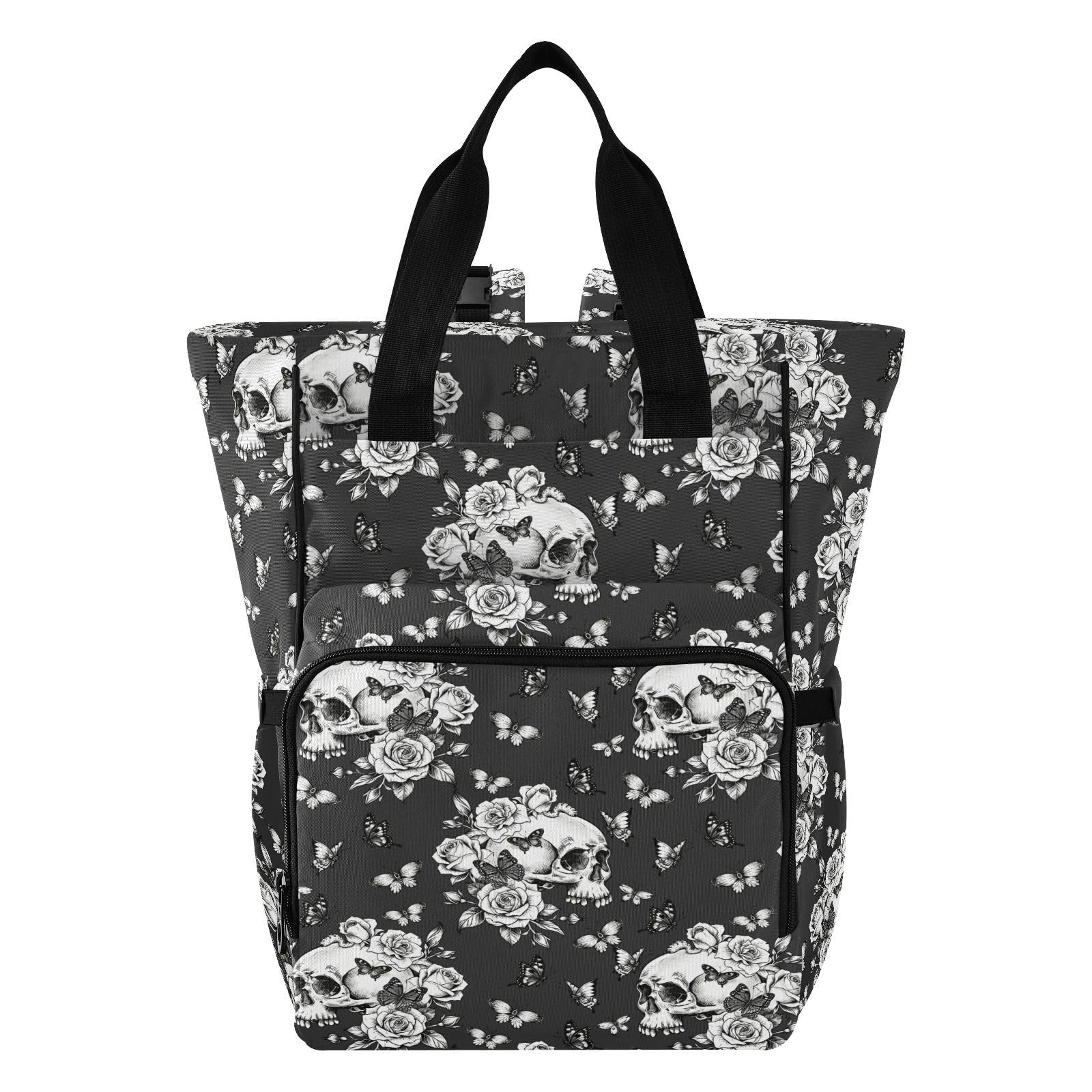 MNSRUU Diaper Bag Goth Skull Butterdlies Diaper Bag Backpack Multifunction Travel Diaper Bag Tote Large Capacity Diaper Changing Backpacks for Moms