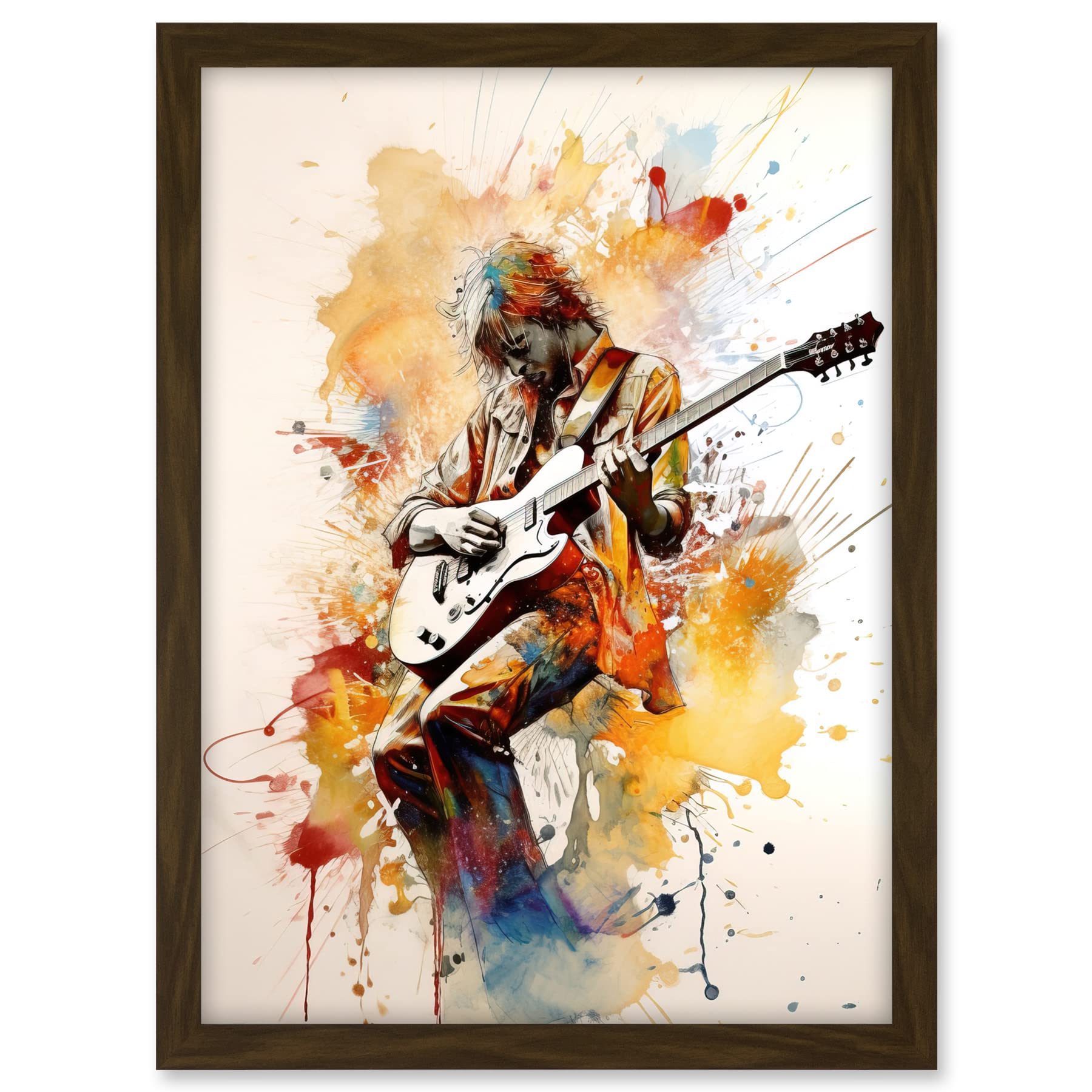 Artery8 Guitarist Musician Playing Solo on Electric Guitar Modern Watercolour Illustration Artwork Framed A3 Wall Art Print