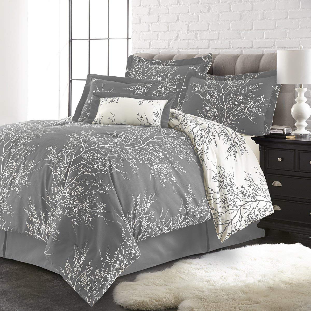 Spirit Linen - King Bed in a Bag, 6-Piece Oversized Reversible Bedding with Matching Shams & Bed Skirt, Elegant Home Decor for All Season (Foliage Grey/Ivory, King)
