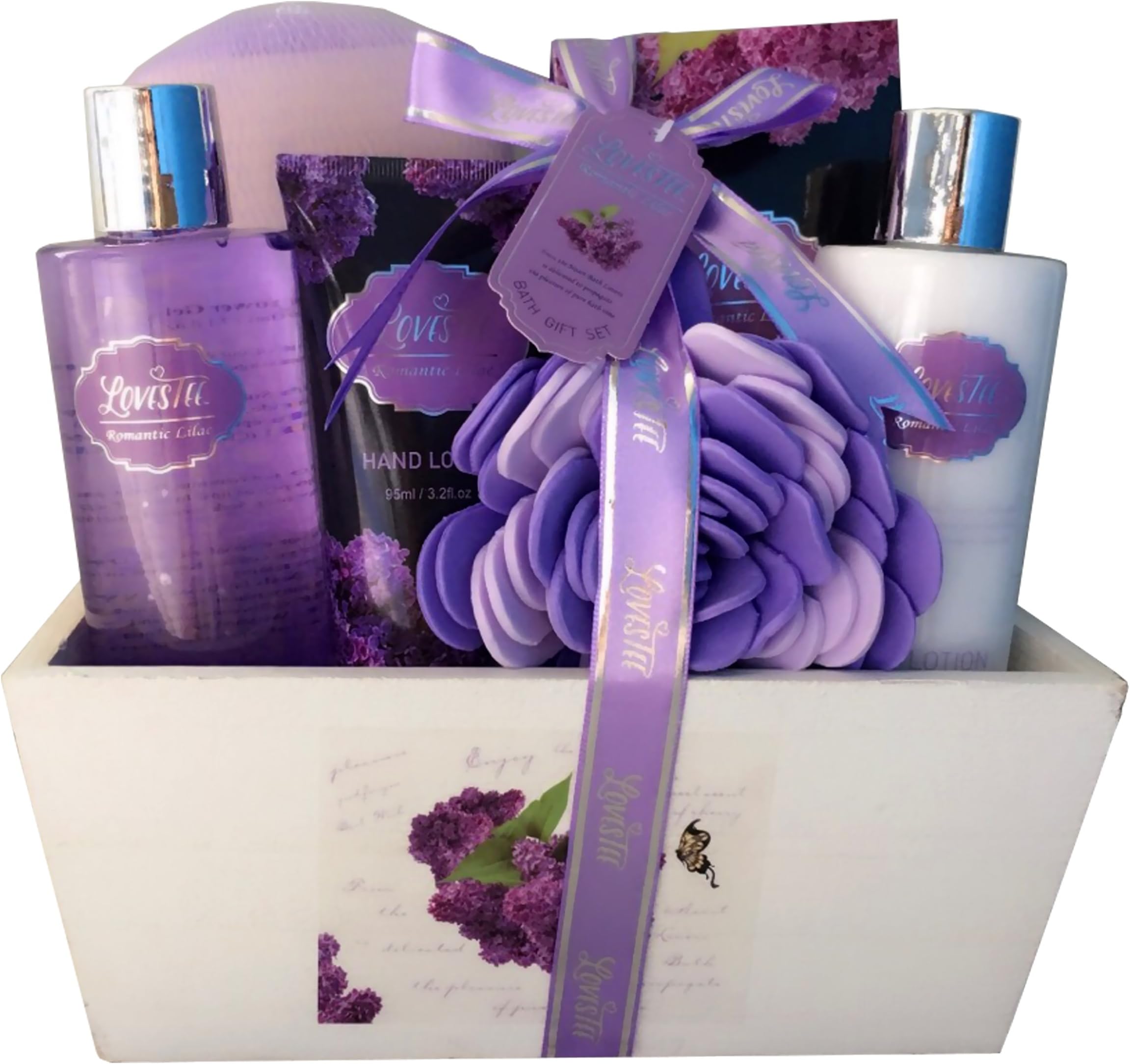 Spa Gift Basket with Lavender Fragrance and Lilac Color - Bath and Body Set Includes Shower Gel, Body Lotion, Hand Lotion, Bath Salt, Flower Sponge and EVA Sponge