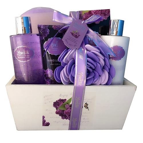 Cesta de regalo de spa con fragancia de lavanda y color lila, juego de baño y cuerpo que incluye gel de ducha, loción corporal, loción de manos, sal