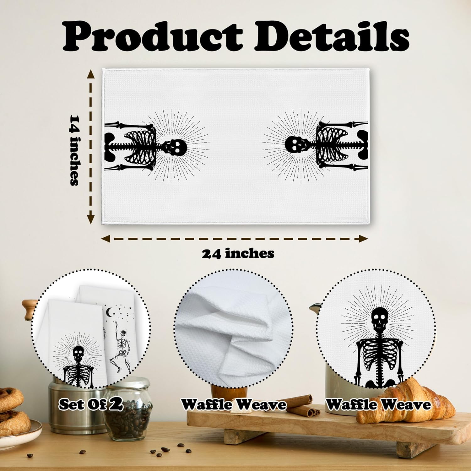 Funny Skull Kitchen Towels, Goth Skeleton Hand Towels for Bathroom, Housewarming Gifts for Women Friends Skull Lovers, Farmhouse Home Tea Towel Halloween Decorations, Set of 2-10 - Image 2