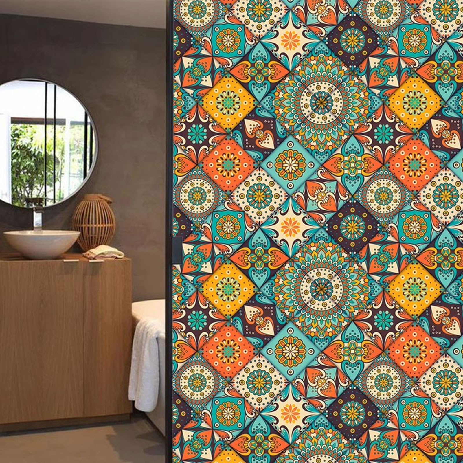 Eiauiuo Window Film Opaque Privacy Film With Vintage European Tile Pattern, Non-Adhesive & Self-Adhesive Static Cling Film, UV Protection Frosted Glass Sticker For Home & Kitchen(Retro Film 014,120x10