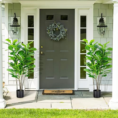 Miniatura 4 de Paquete de 2 árboles de ficus artificiales de hoja de violín de 51 pulgadas, con 100 hojas, árboles falsos decorativos para interiores