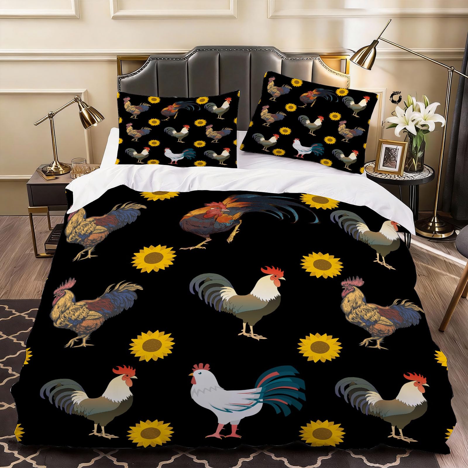 3D Chicken Duvet Cover Farmhouse Bedding Single Bed Set, Soft Microfiber Comforter Cover Printed with Zipper Closure Quilt Coverr 135x200 cm and 2 Pillowcases