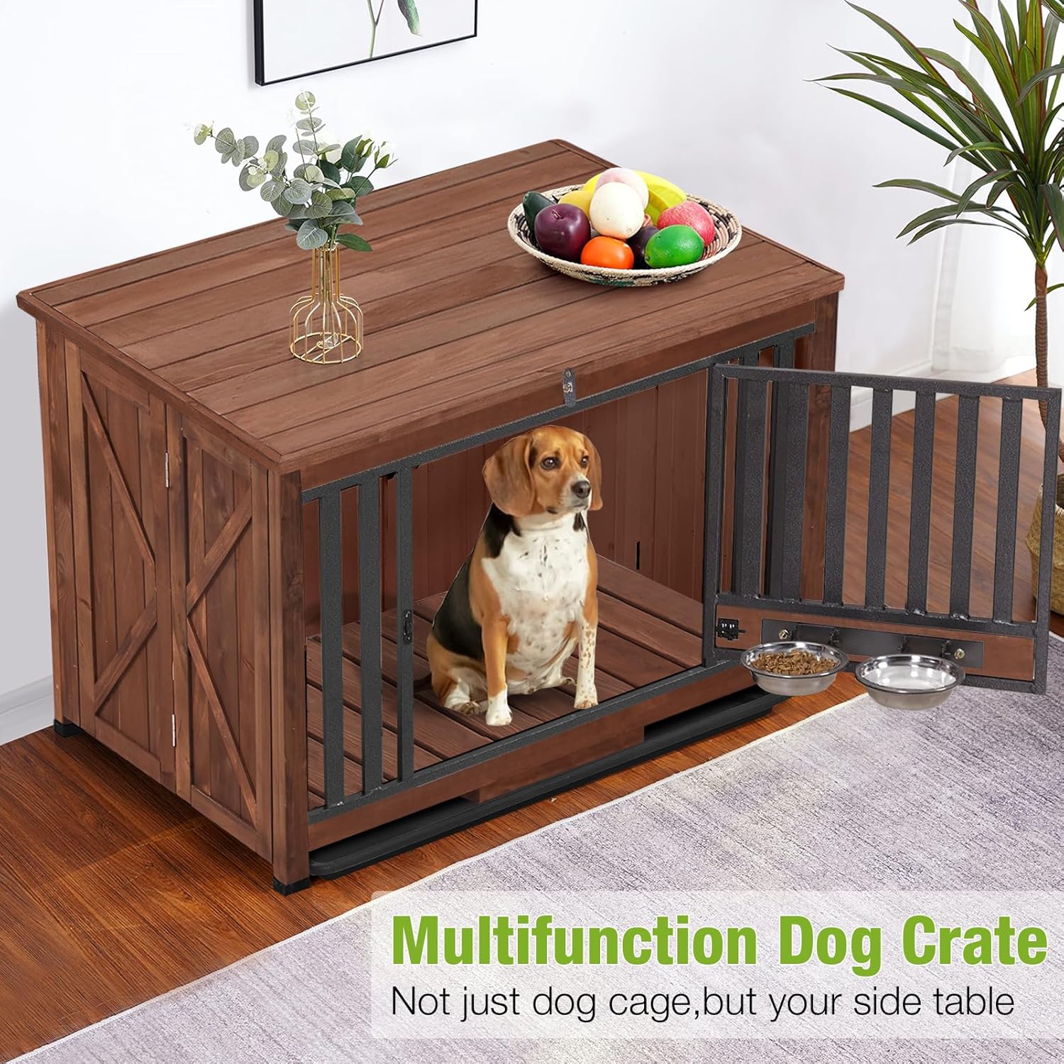 GUTINNEEN Dog Crate Furniture Foldable Dog Kennel for Small Medium Dogs Large Solid Wood Dog House with Bowl Heavy Duty Dog Cage End Table (Dark Brown)