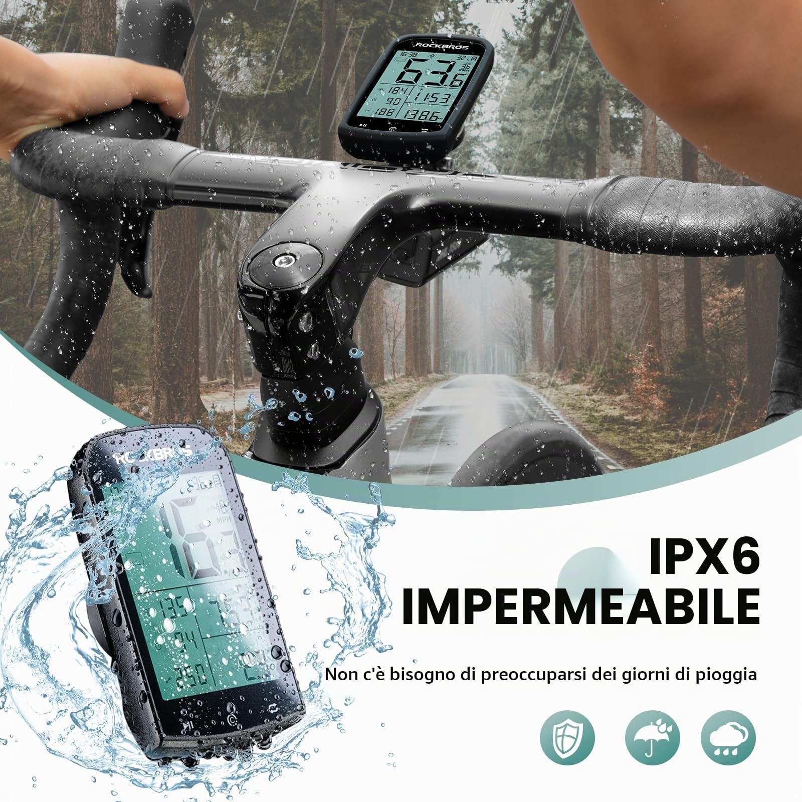 ROCKBROS Ciclocomputer Gps Sensibile Wireless Bici, Contachilometri per Bicicletta MTB, ANT+ Bluetooth 5.0, Impermeabile IPX6, Type-C Ricaricabile, Display 2,9 pollici, con Supporto