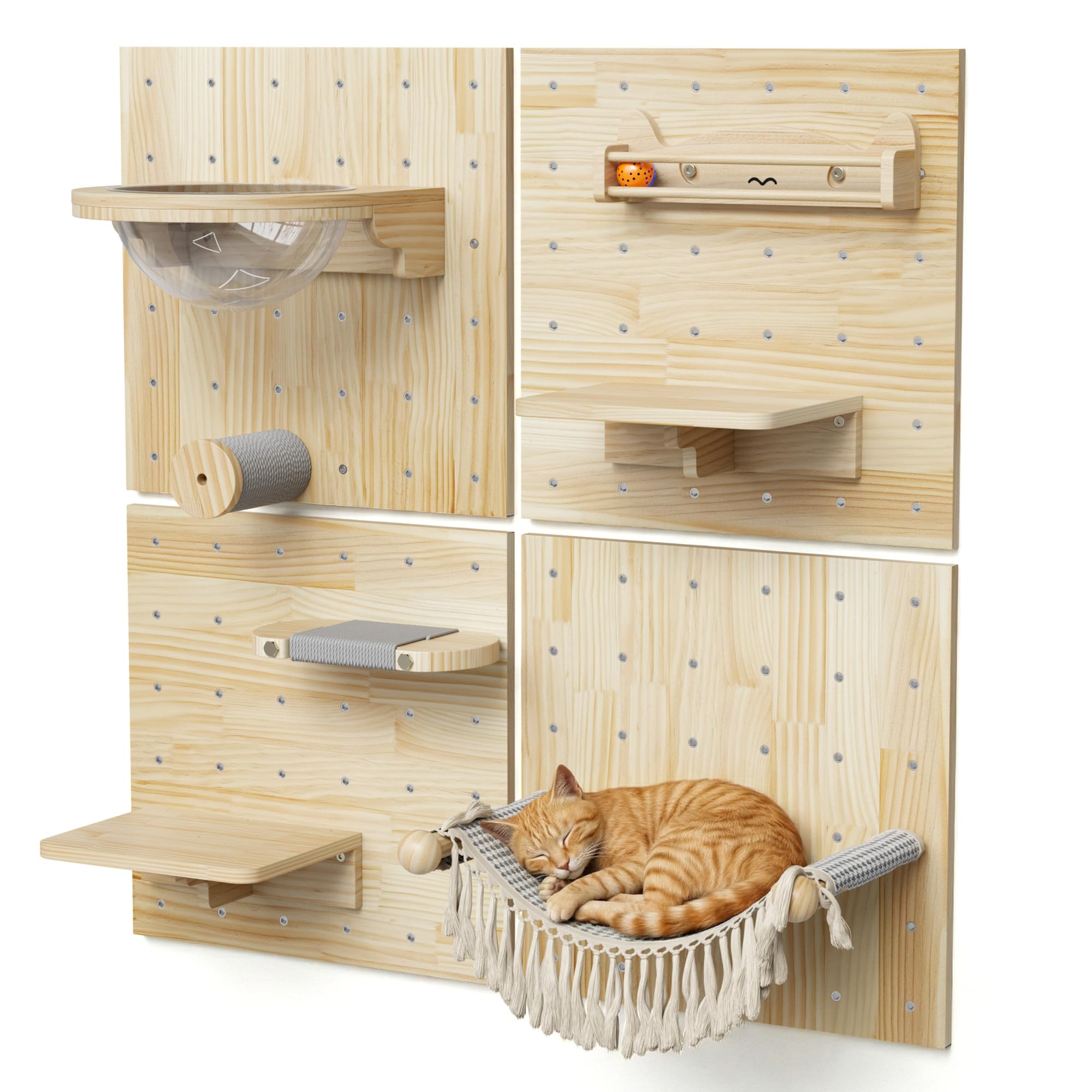 Photo 1 of Ardilla & Co. Cat Wall Furniture – Wall-Mounted Modular Wooden Boards with 7 Moveable Accessories, Cat Wall Shelves, Hammock, Climber Steps, Perches, Walkways, Toy & Acrylic Bowl!