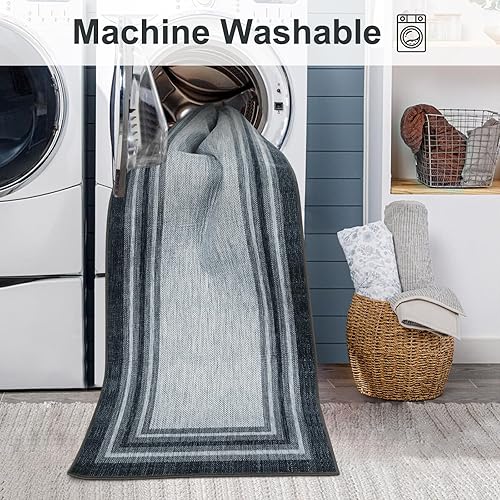 Miniatura 4 de Beeiva Alfombra lavable moderna con bordes para pasillo, ultrafina, de 2.5 x 10 pulgadas, para entrada, color negro, tapete de cocina, tapete suave