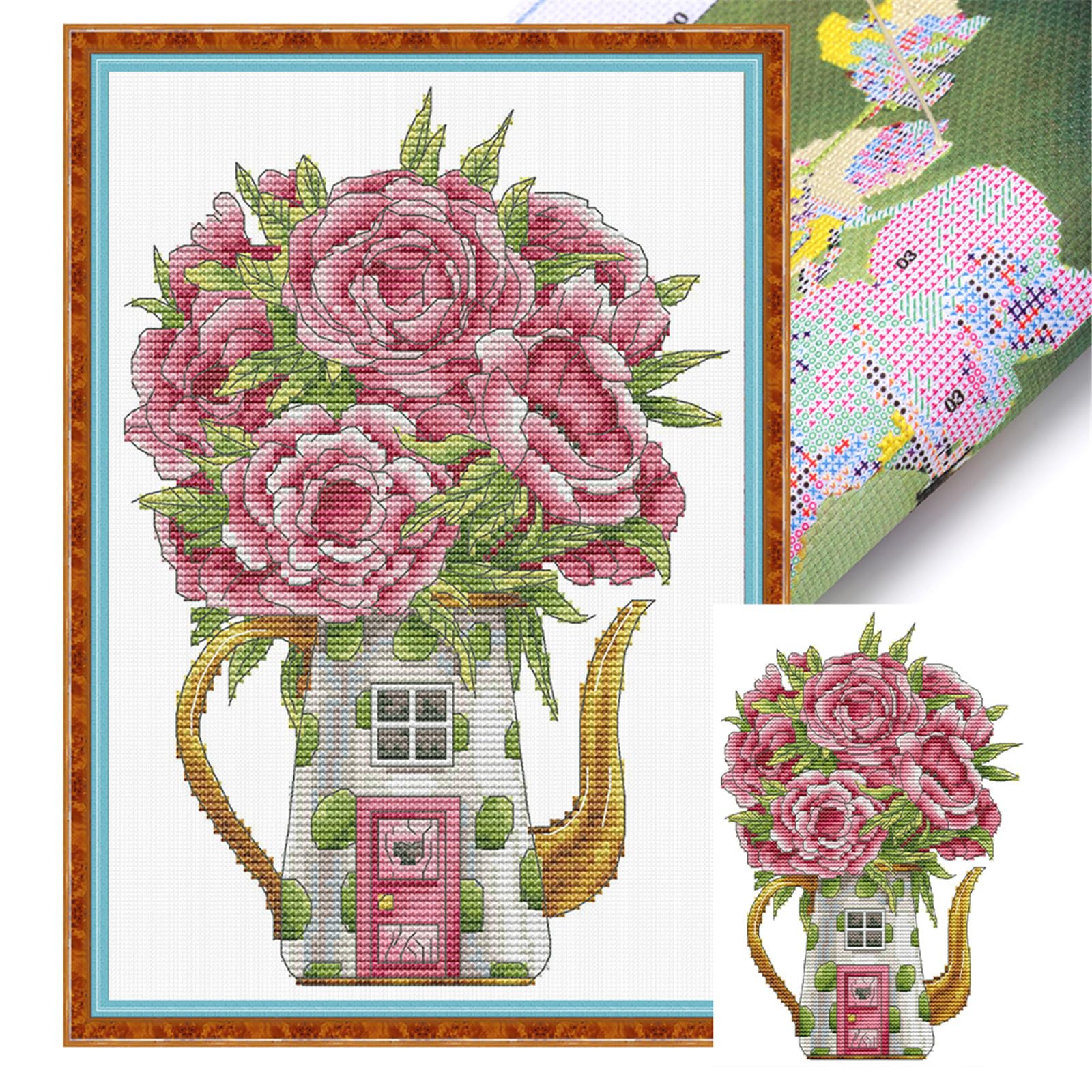 POETRYDRAW Rose Teapot Partial 14CT 2 Strands DIY Stamped Cross Stitch Kits 20x30cm Embroidery Needlepoint Starter Kit for Beginners Adults Home Wall Decor (HA319)