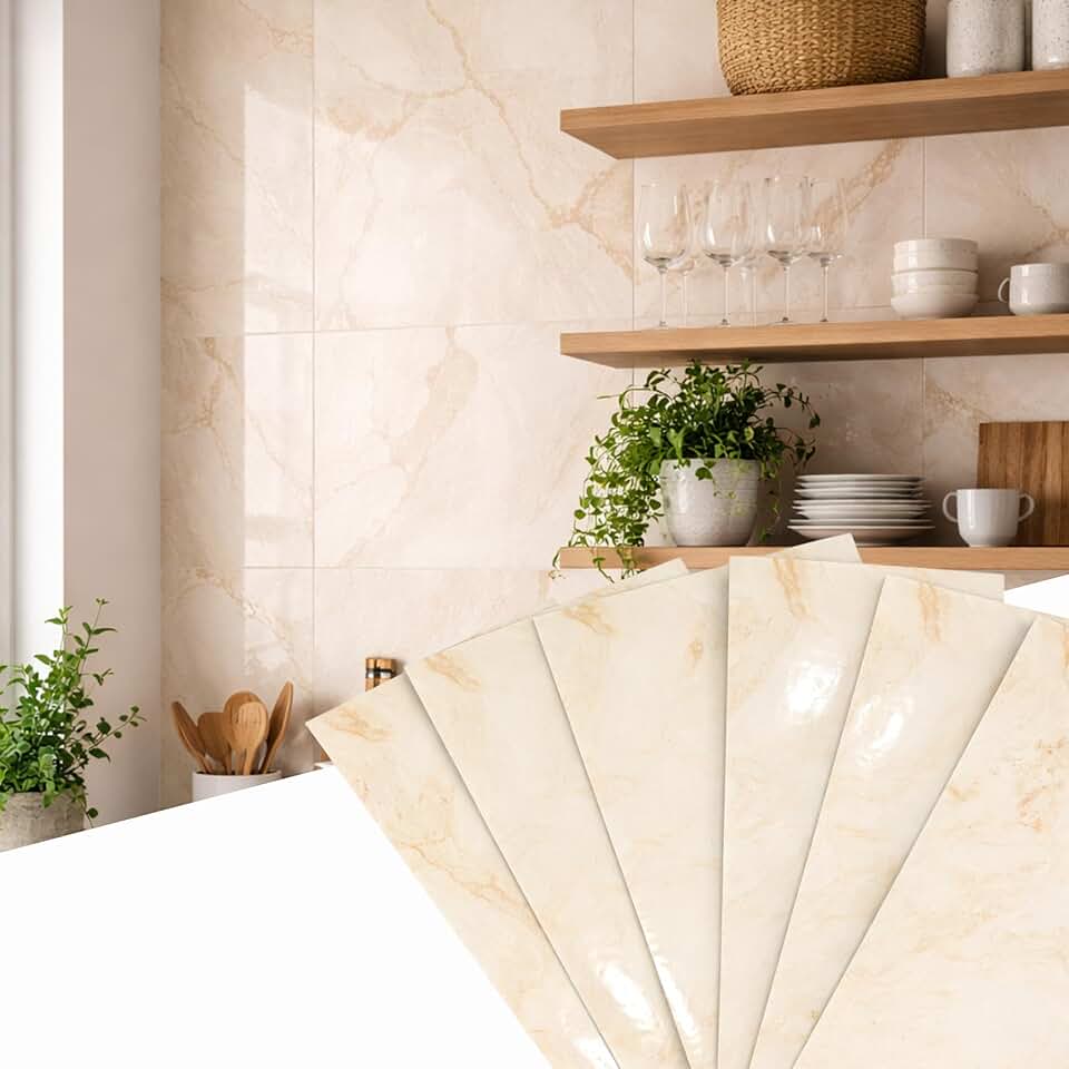 Placas Adesivas Mármore 3D Autocolantes Kit com 10 Unidades Revestimento Decorativo Lavável para Parede, Quarto, Sala e Banheiro 30cm x 60cm (Mármore Pedra Bege, 30cm x 60cm)