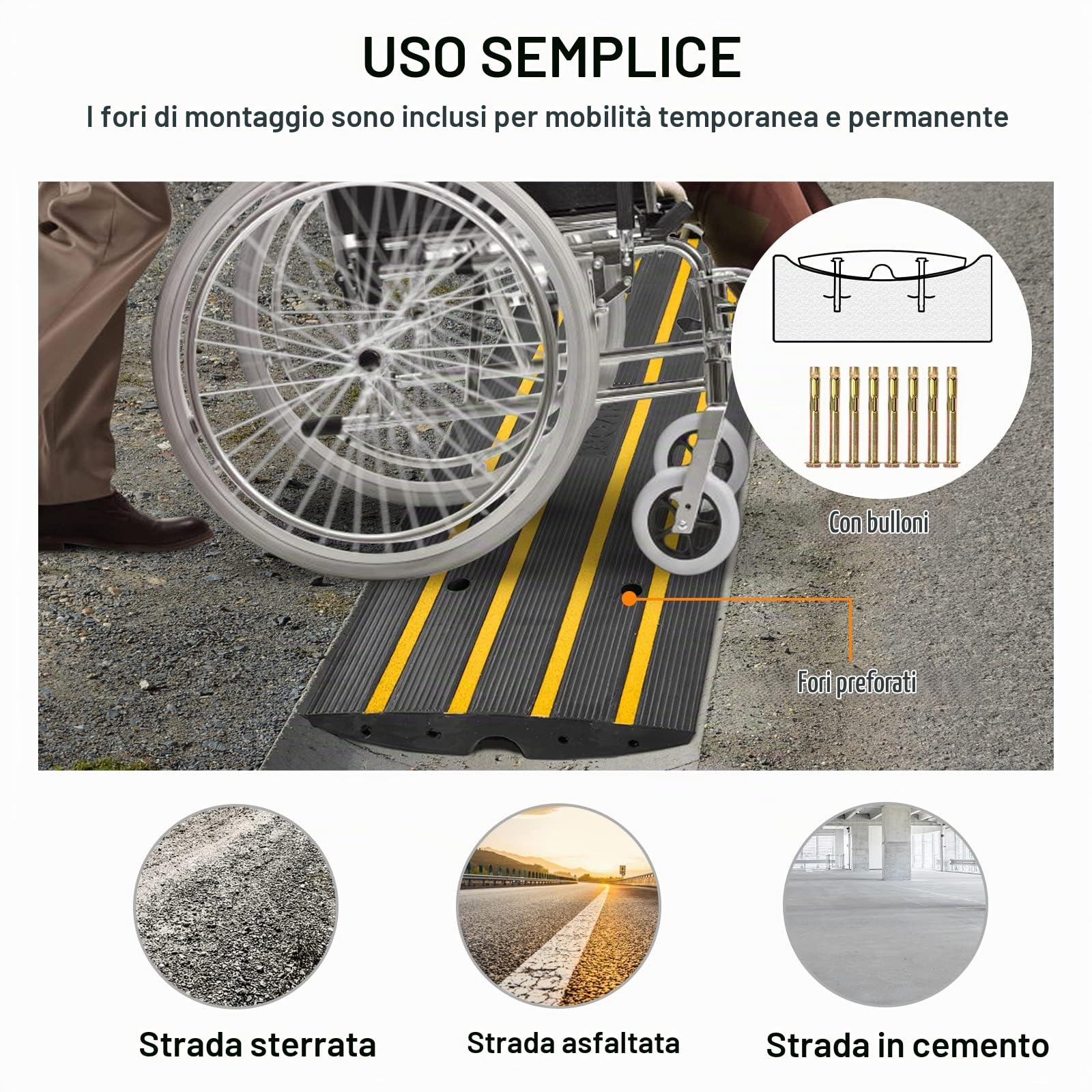 VEVOR Rampa per Soglia in Gomma Altezza 6,5cm Capacità Carico Max. 15 Tonnellate per Veicoli, Rampa per Soglia Superficie Antiscivolo con Canale per Cavi, Rampa Soglia Antiscivolo per Salita Facile