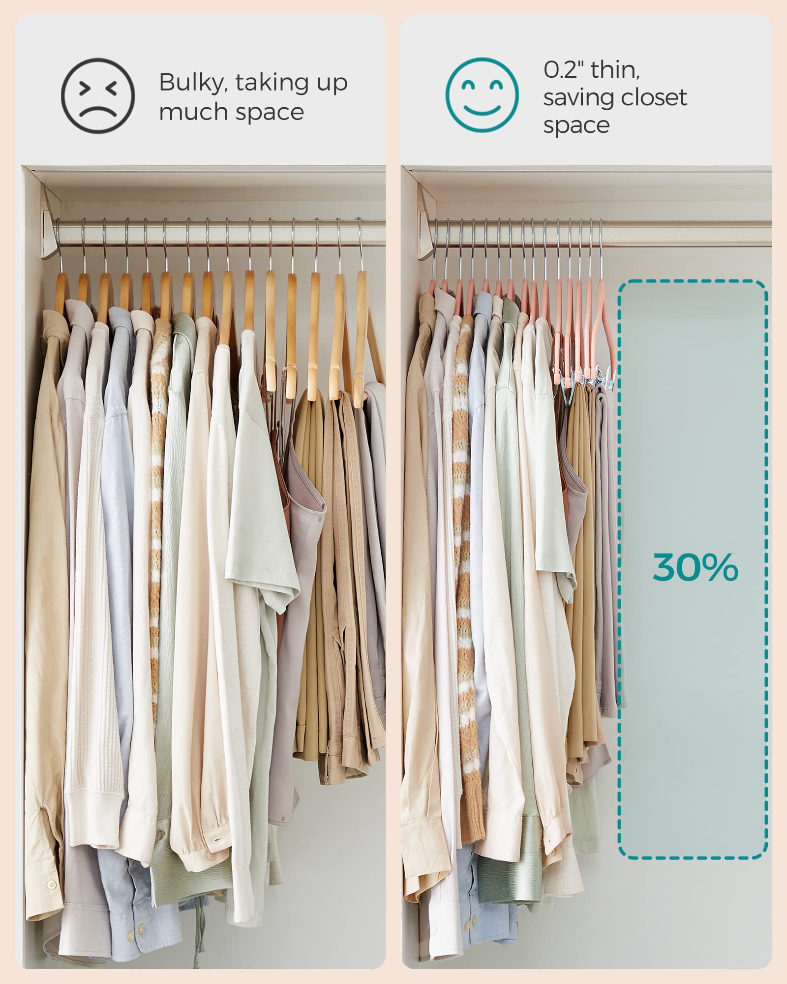 SONGMICS Paquete de 30 Perchas de Terciopelo de 16.7 Pulgadas de Largo con Clips Ajustables, Resistentes, Antideslizantes, Ahorro de Espacio para Pantalones, Faldas, Abrigos, Vestidos, Rosa Claro