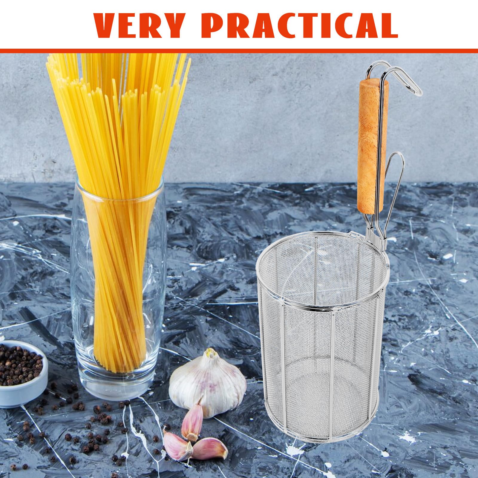 iplusmile Colador de Acero Inoxidable Utensilio de Cocina Resistente y Práctico con Mango de Madera para Filtrar Alimentos y Freír para Espaguetis