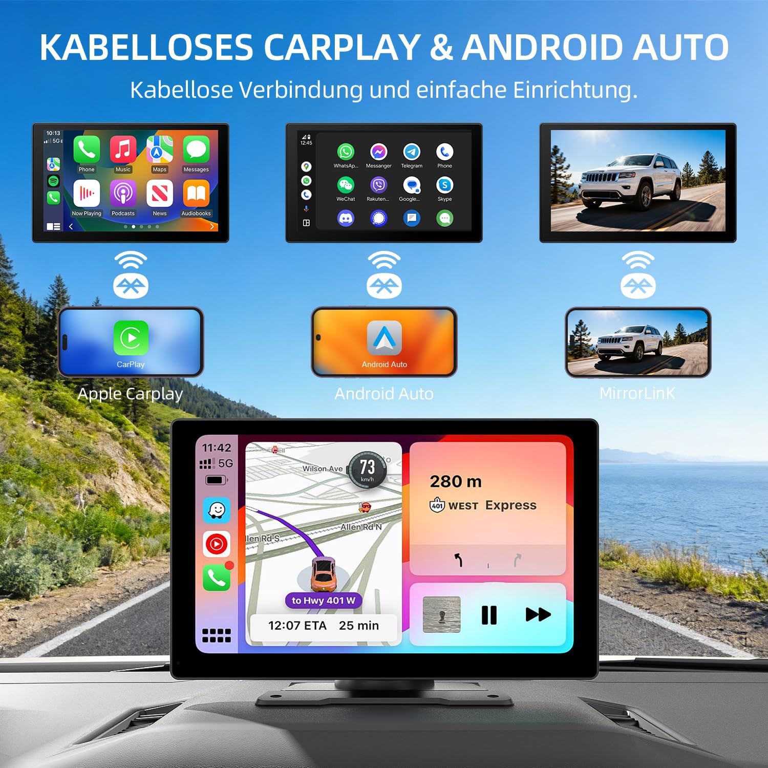 eRapta 9'' Carplay Display für Apple CarPlay & Android Auto, Wireless,4K Dashcam mit 1080P IP69 Rückfahrkamera,Bluetooth, Sprachsteuerung,Mirror Link,GPS-Navigation, FM/AUX